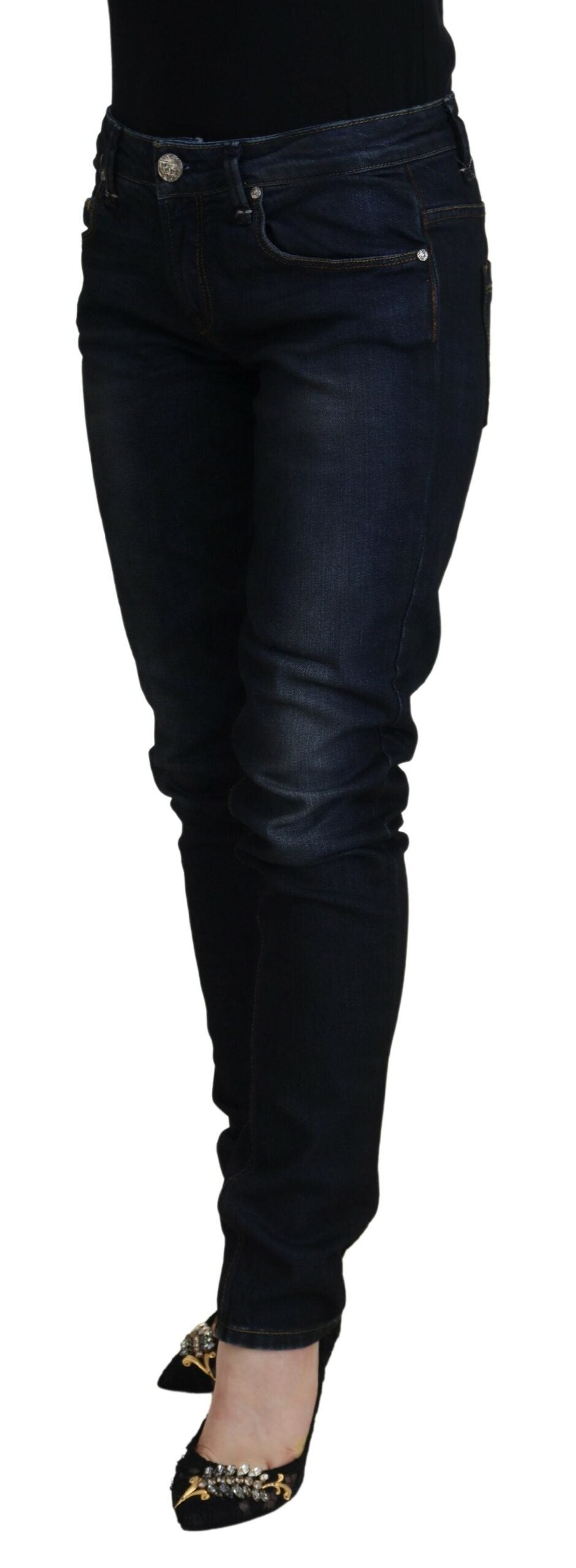 Blue Cotton Skinny Low Waist Women Casual Denim Jeans - ventzia