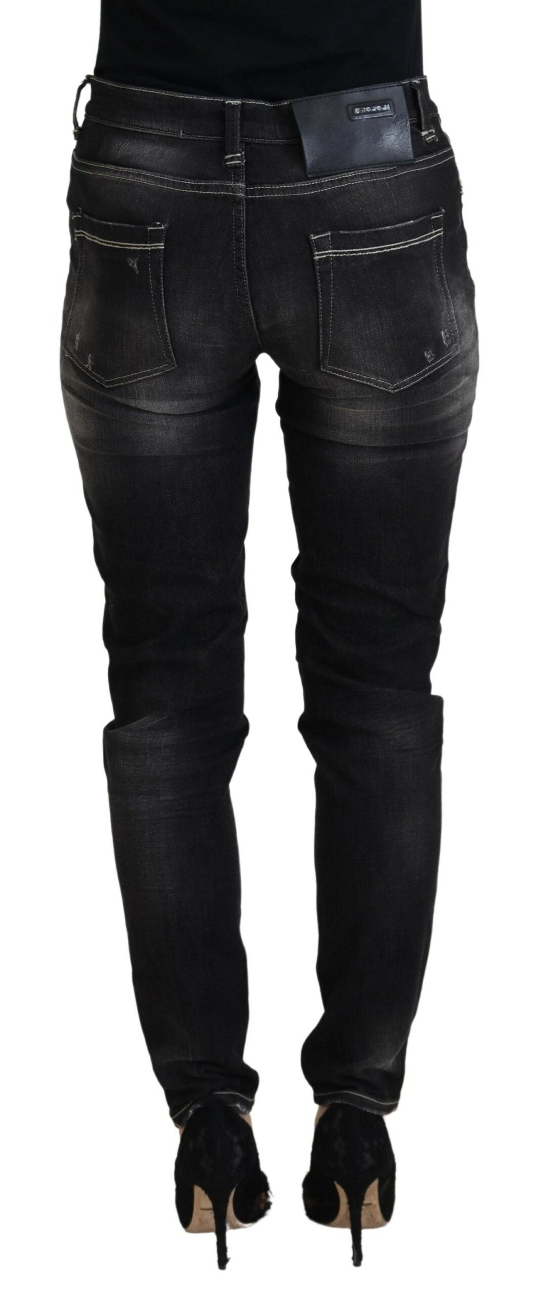 Black Washed Mid Waist Tapered Women Casual Denim Jeans - ventzia