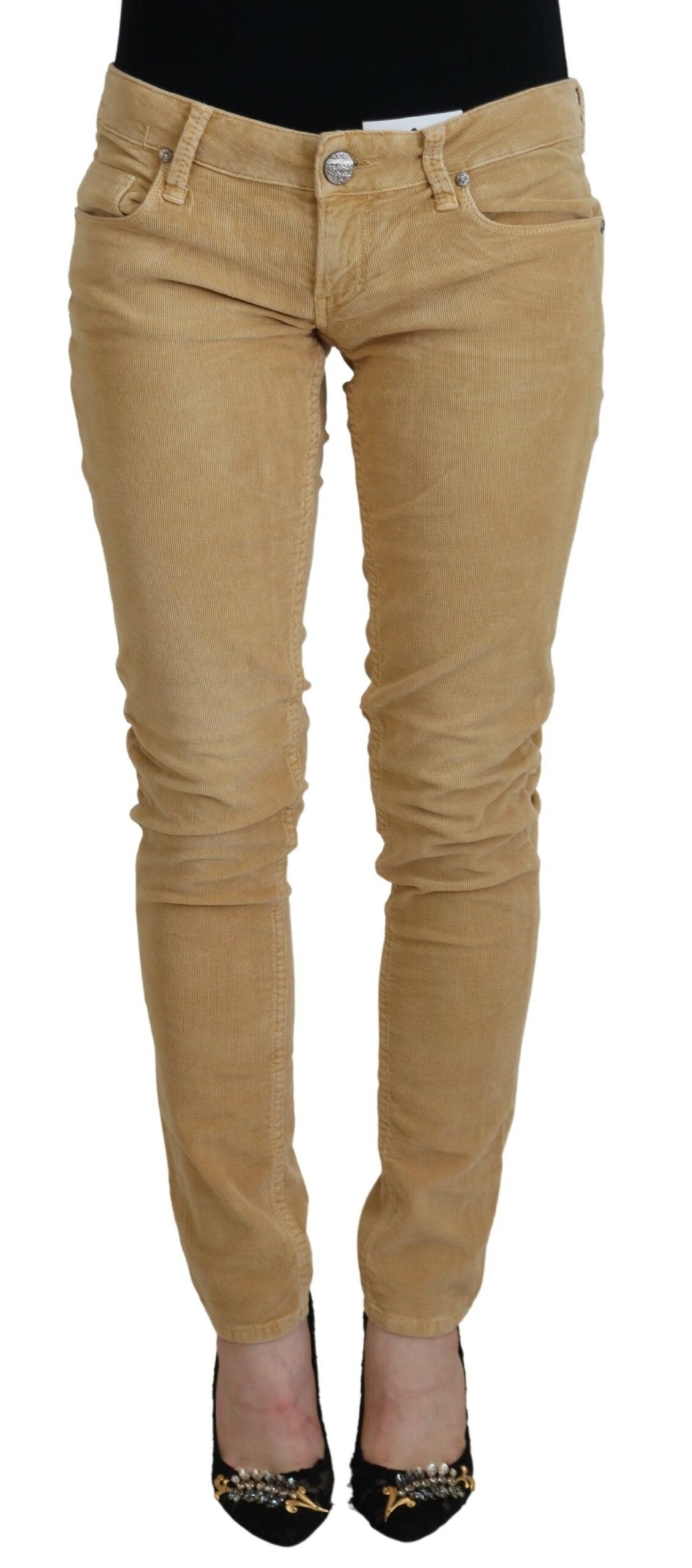 Brown Cotton Corduroy Low Waist Women Casual Jeans - ventzia