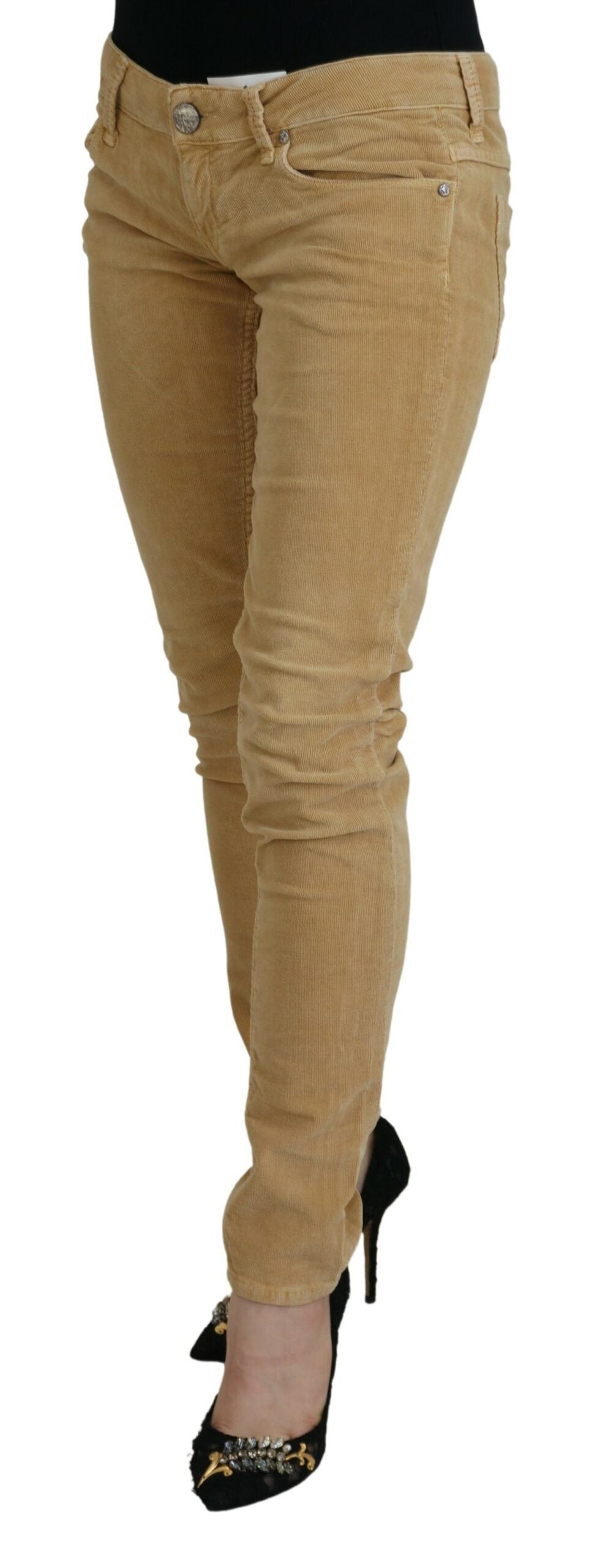 Brown Cotton Corduroy Low Waist Women Casual Jeans - ventzia