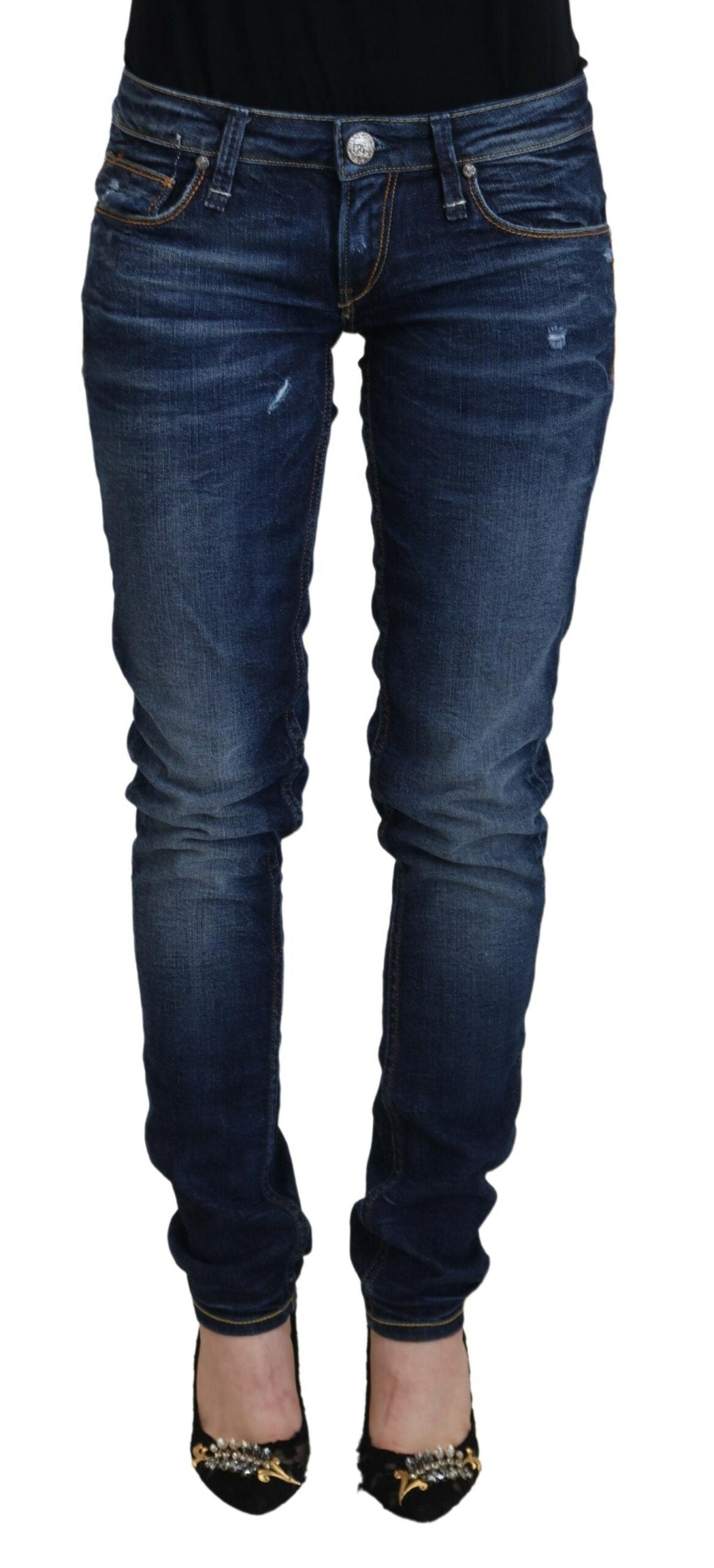 Blue Washed Cotton Low Waist Women Casual Jeans - ventzia