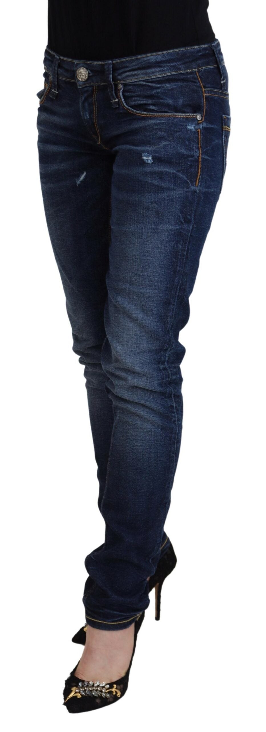 Blue Washed Cotton Low Waist Women Casual Jeans - ventzia