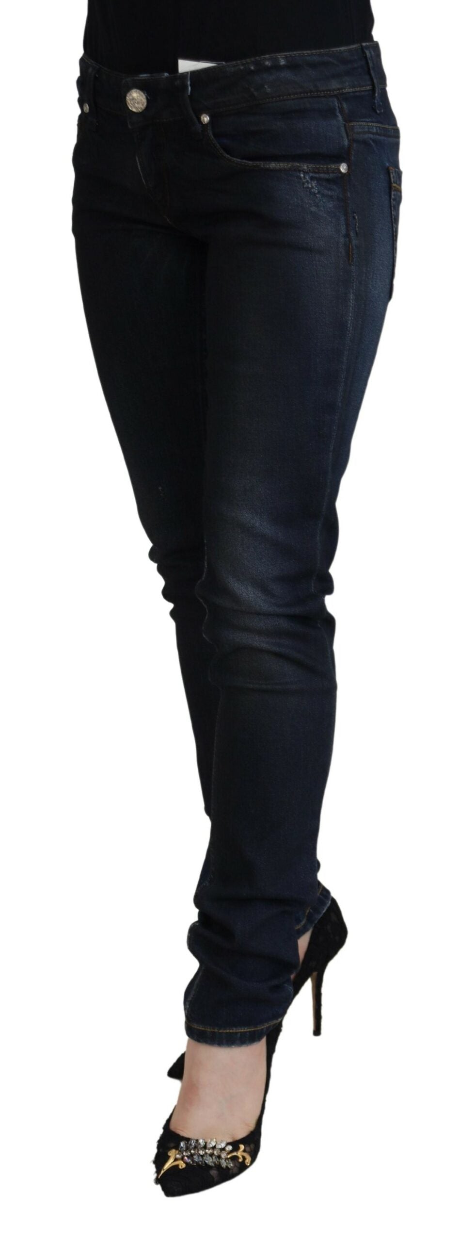 Blue Cotton Low Waist Slim Fit Women Casual Jeans - ventzia