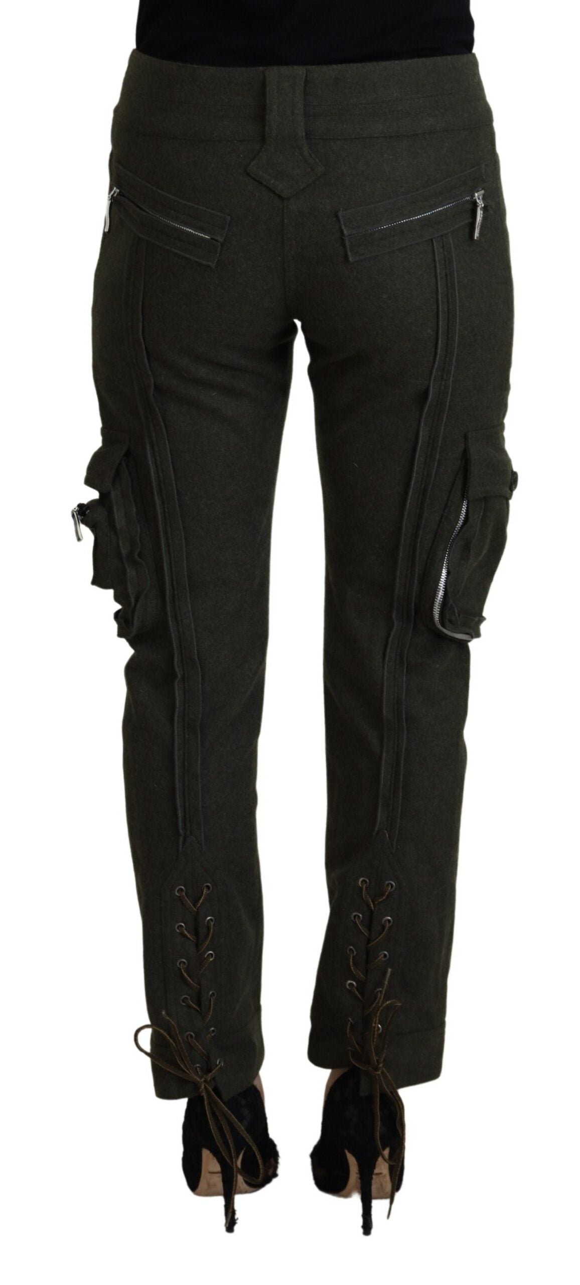 Green Lace Up Leg Women Tapered Pants - ventzia