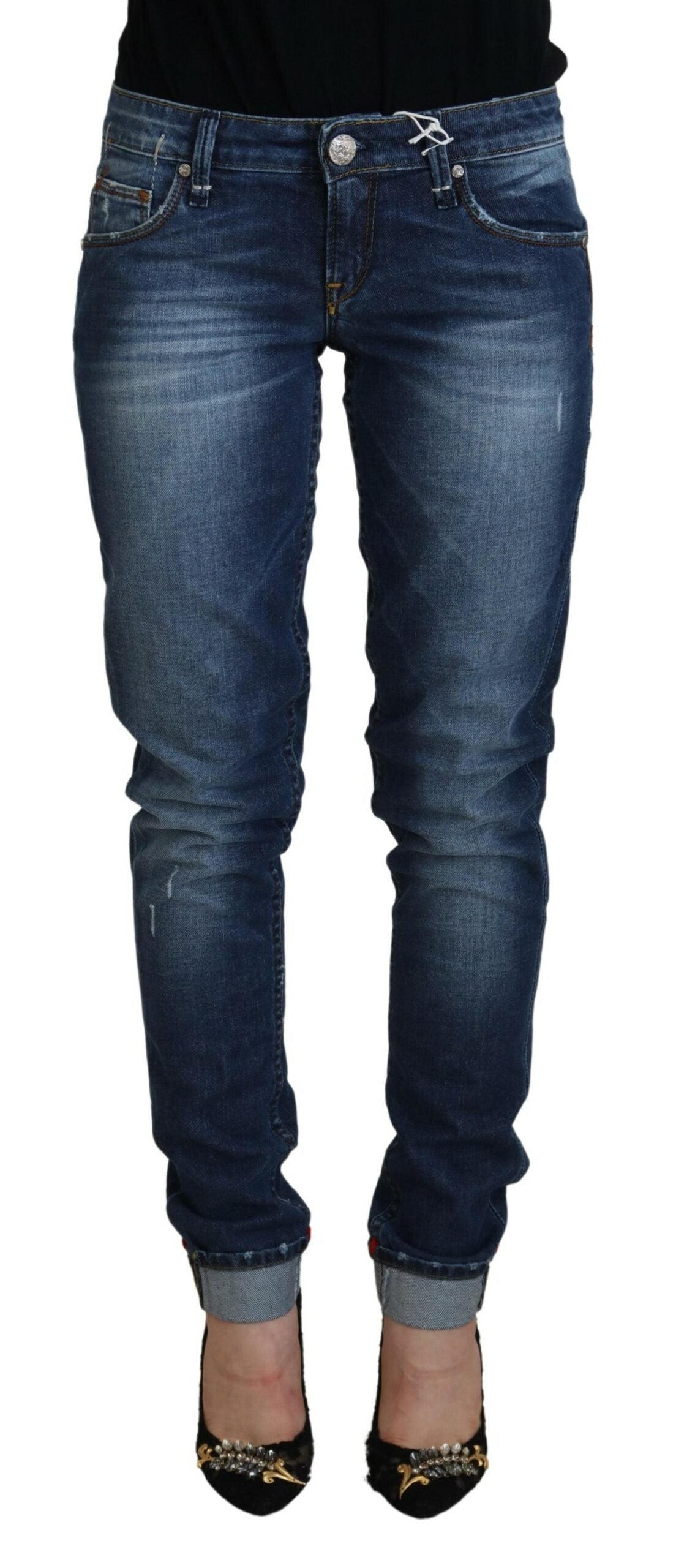 Blue Washed Cotton Slim Fit Women Denim Jeans - ventzia