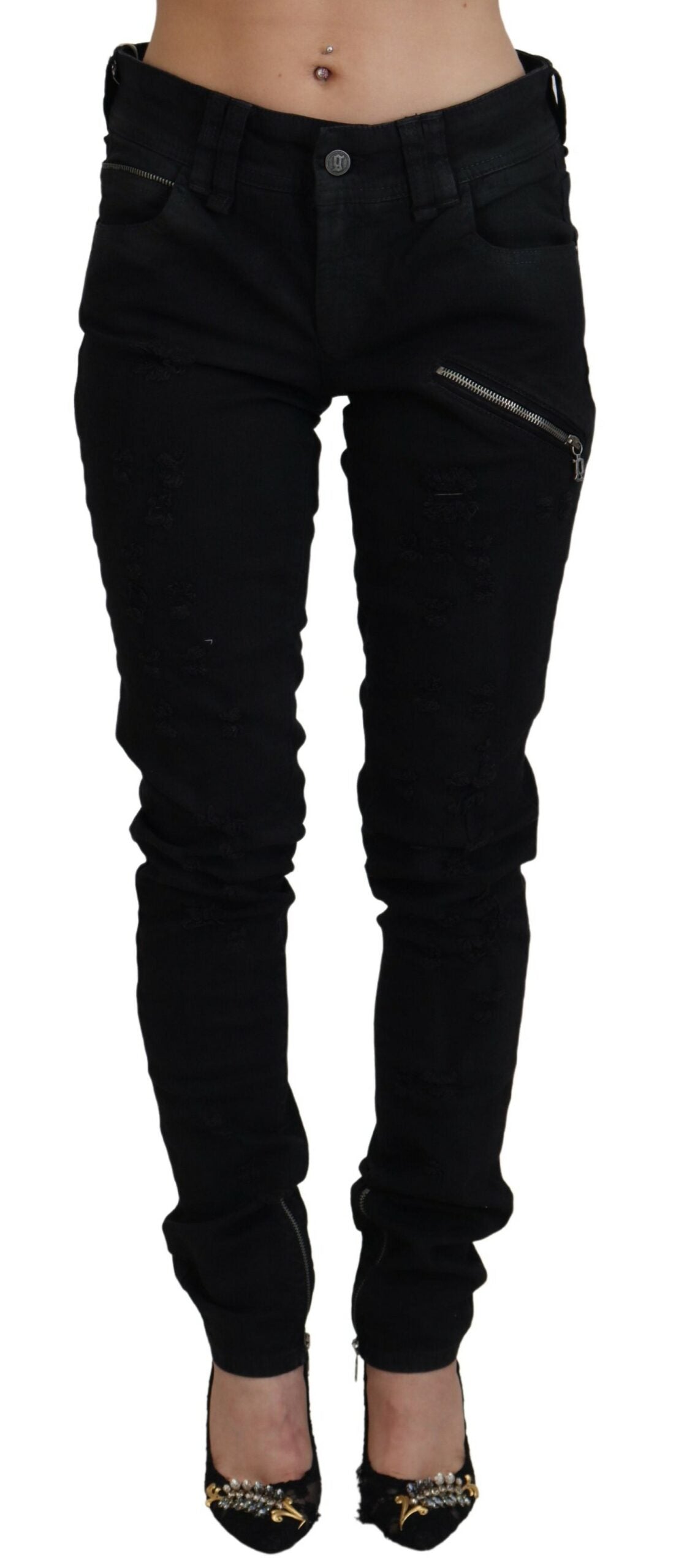Black Cotton Mid Waist Skinny Slim Fit Denim Jeans - ventzia