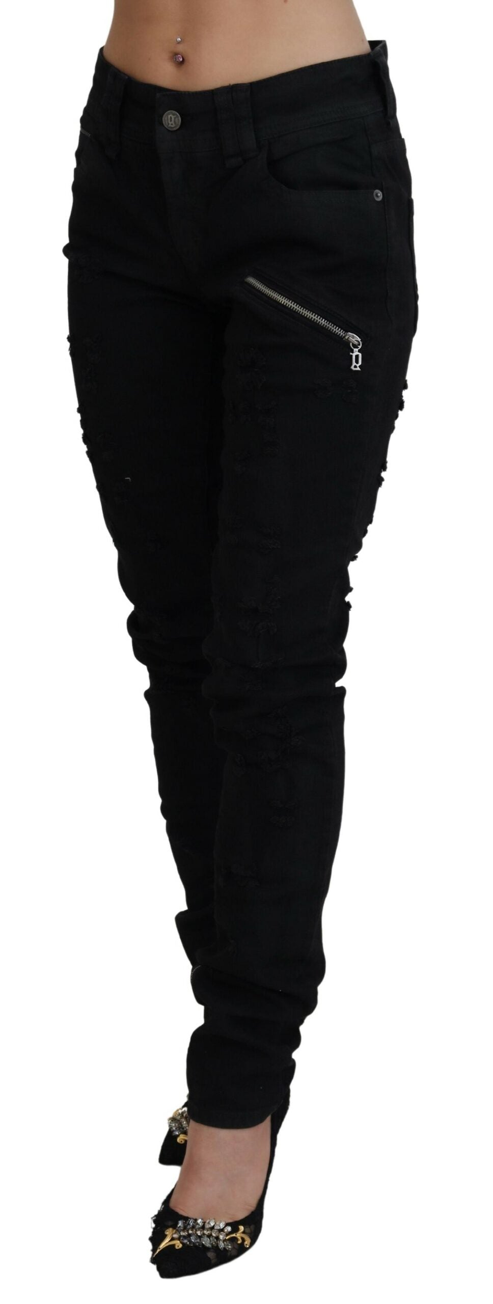 Black Cotton Mid Waist Skinny Slim Fit Denim Jeans - ventzia