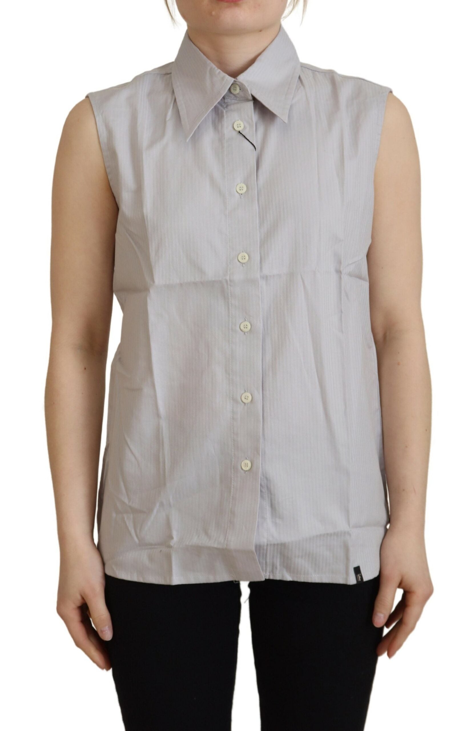 Light Gray Stripes Cotton Sleeveless Collared Top - ventzia