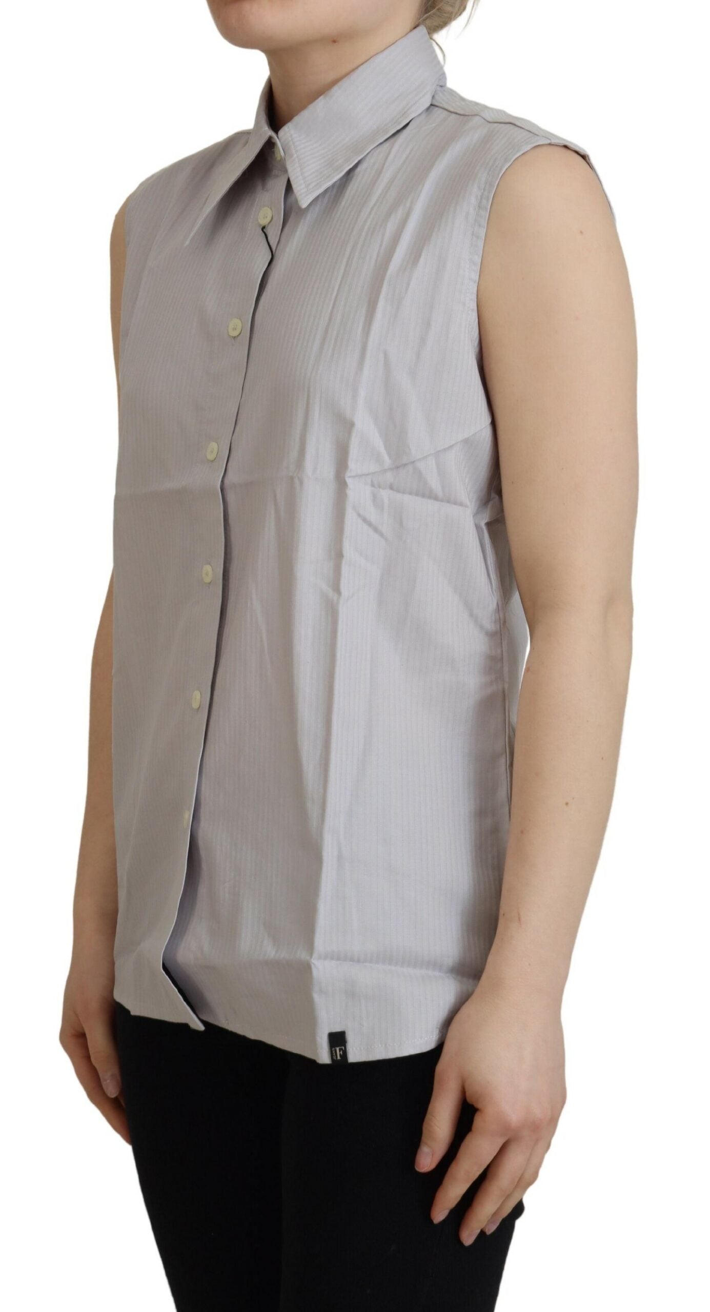 Light Gray Stripes Cotton Sleeveless Collared Top - ventzia