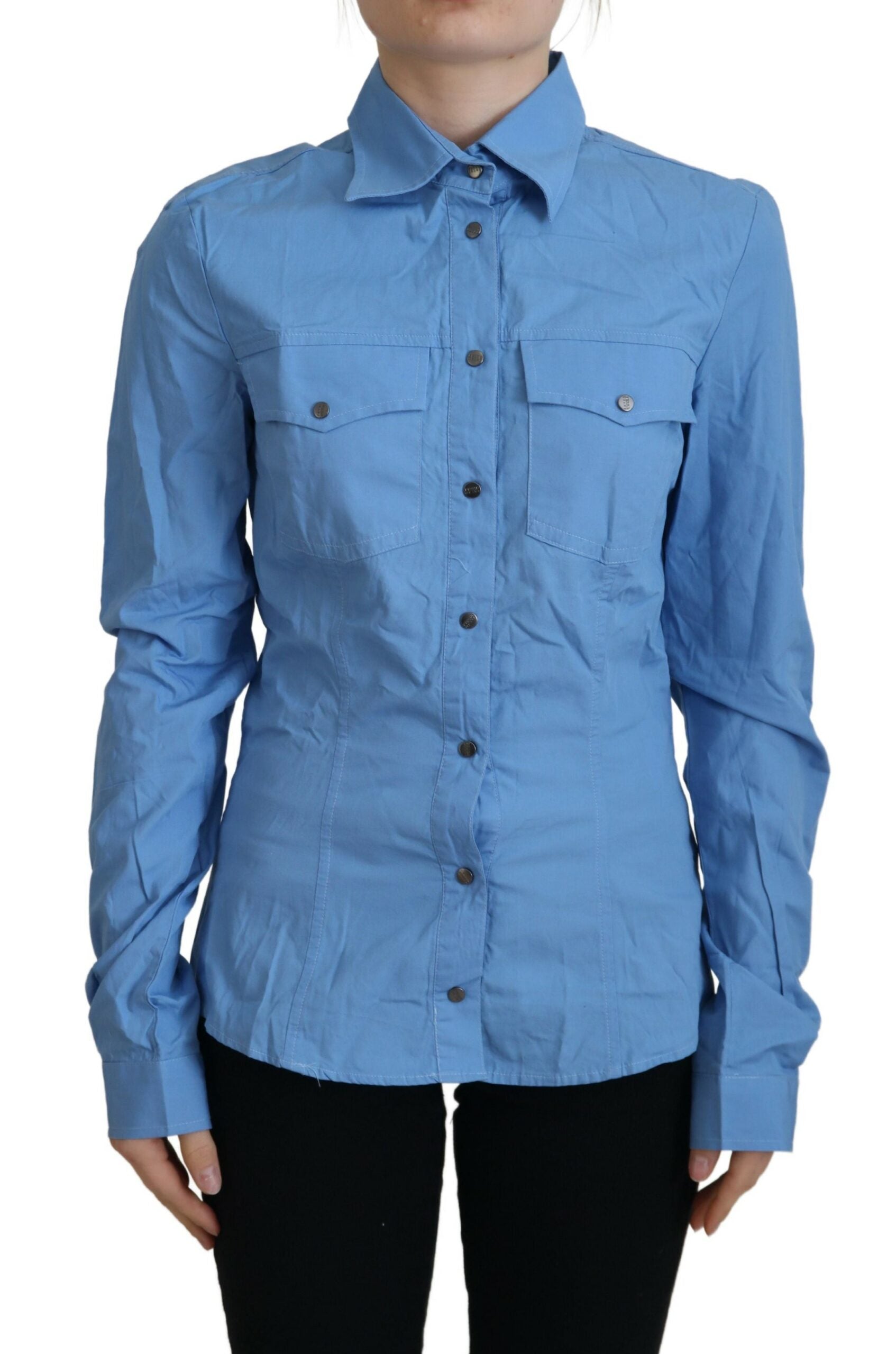 Blue Cotton Long Sleeves Collared Button Down Top - ventzia