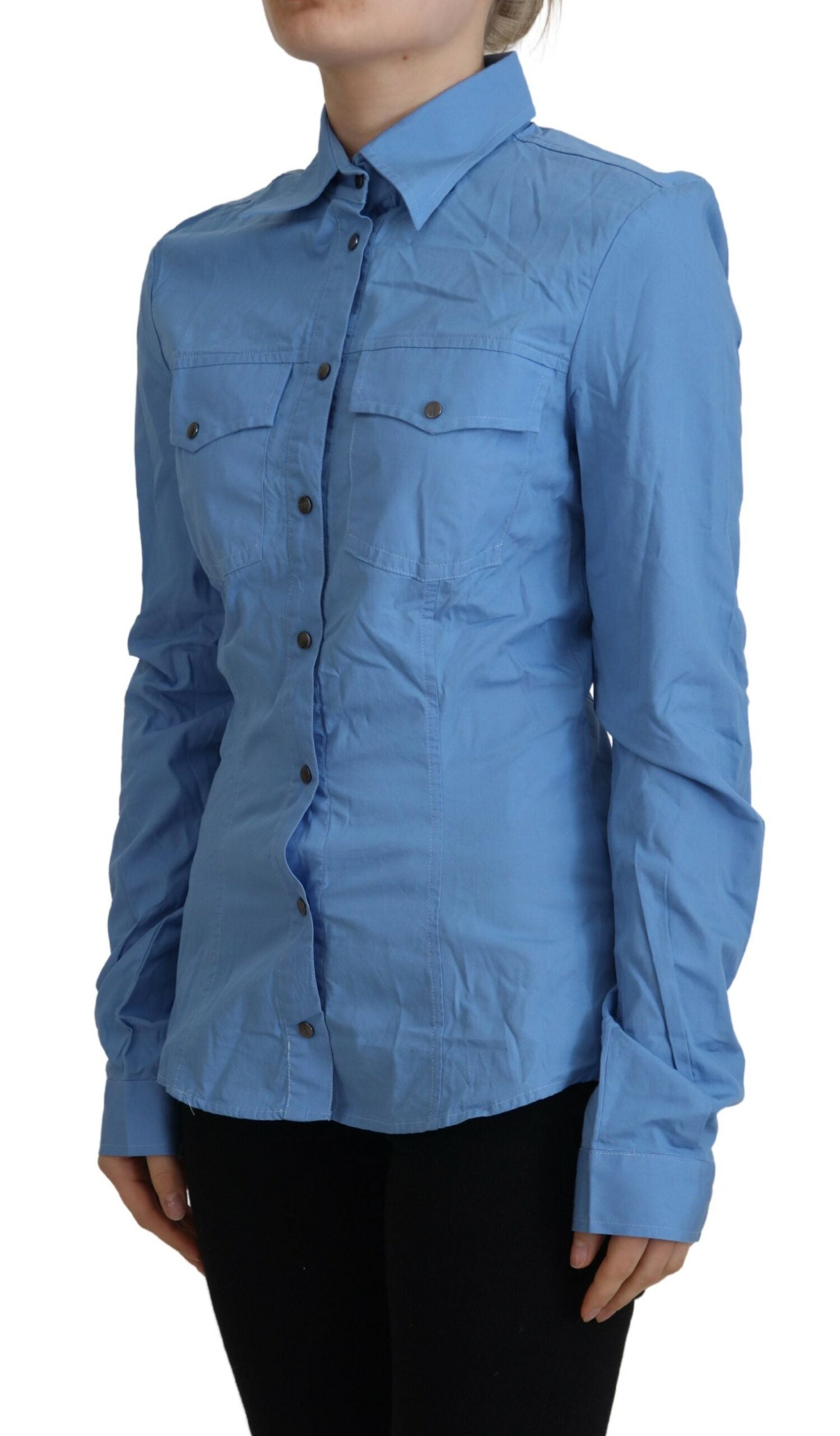 Blue Cotton Long Sleeves Collared Button Down Top - ventzia