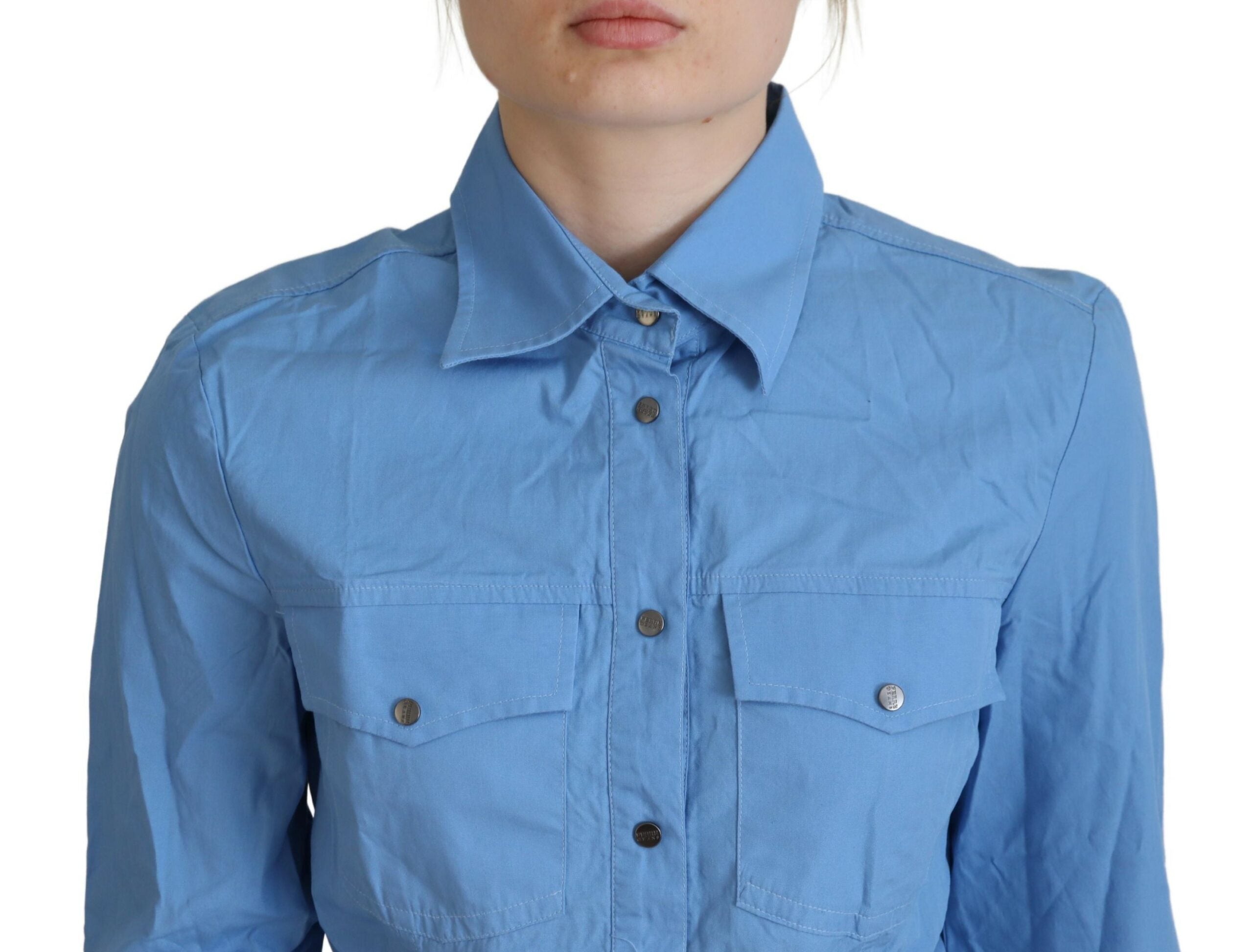 Blue Cotton Long Sleeves Collared Button Down Top - ventzia