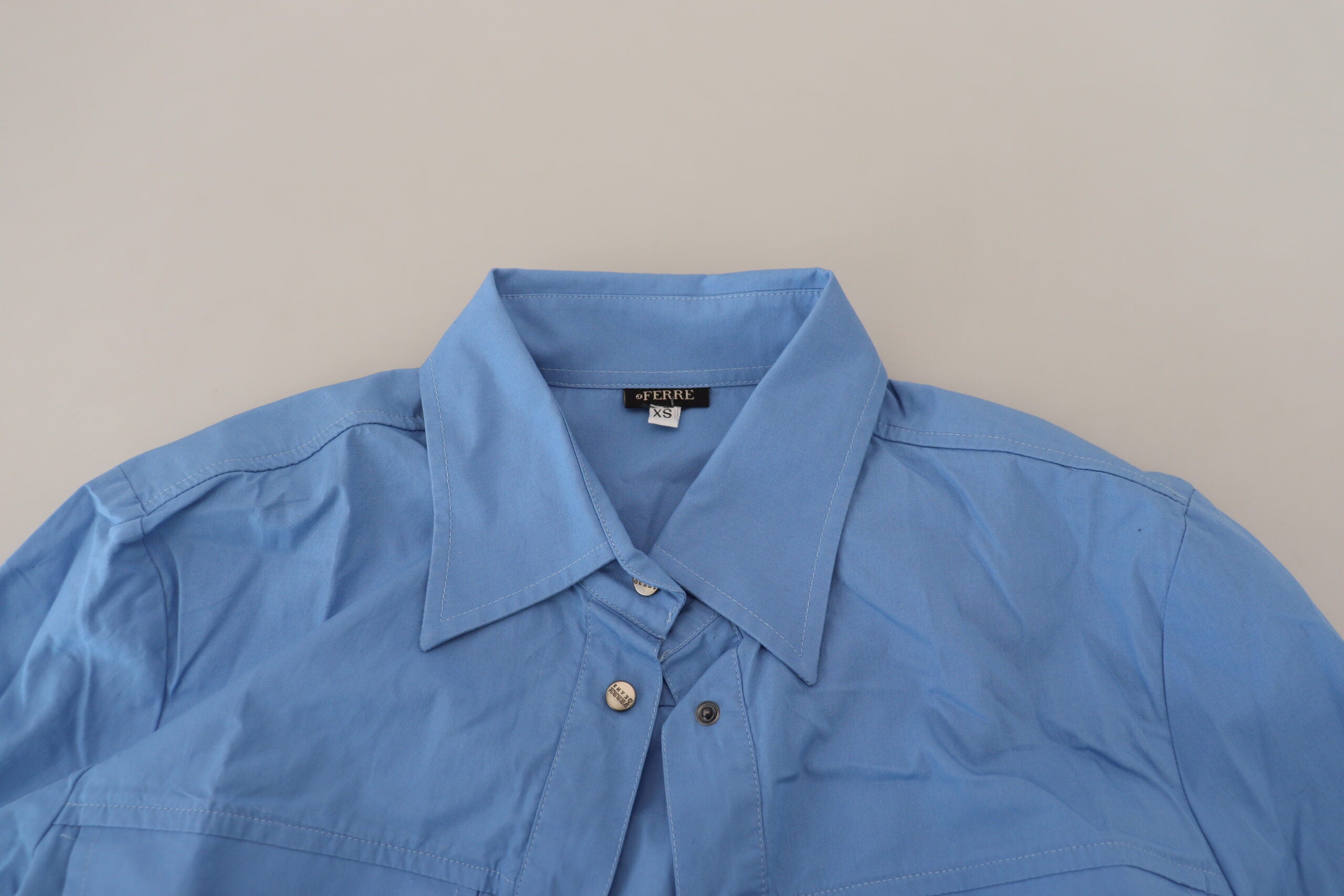 Blue Cotton Long Sleeves Collared Button Down Top - ventzia