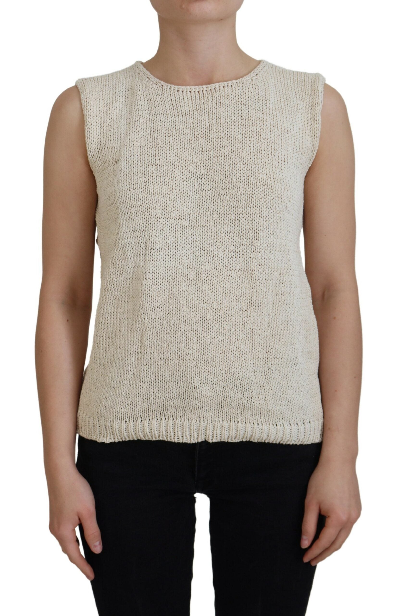 Beige Cotton Blend Sleeveless Round Neck Tank Top - ventzia
