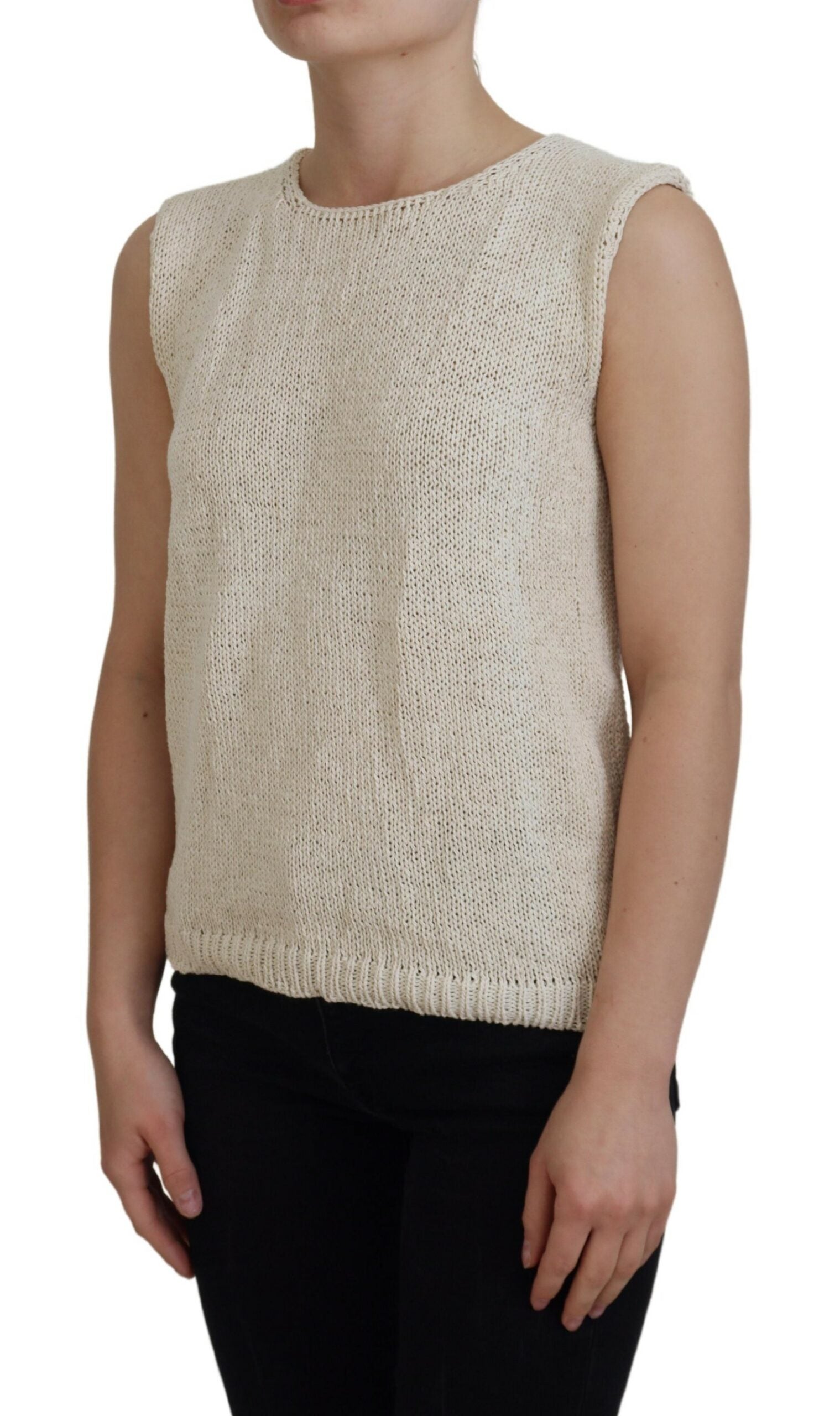Beige Cotton Blend Sleeveless Round Neck Tank Top - ventzia