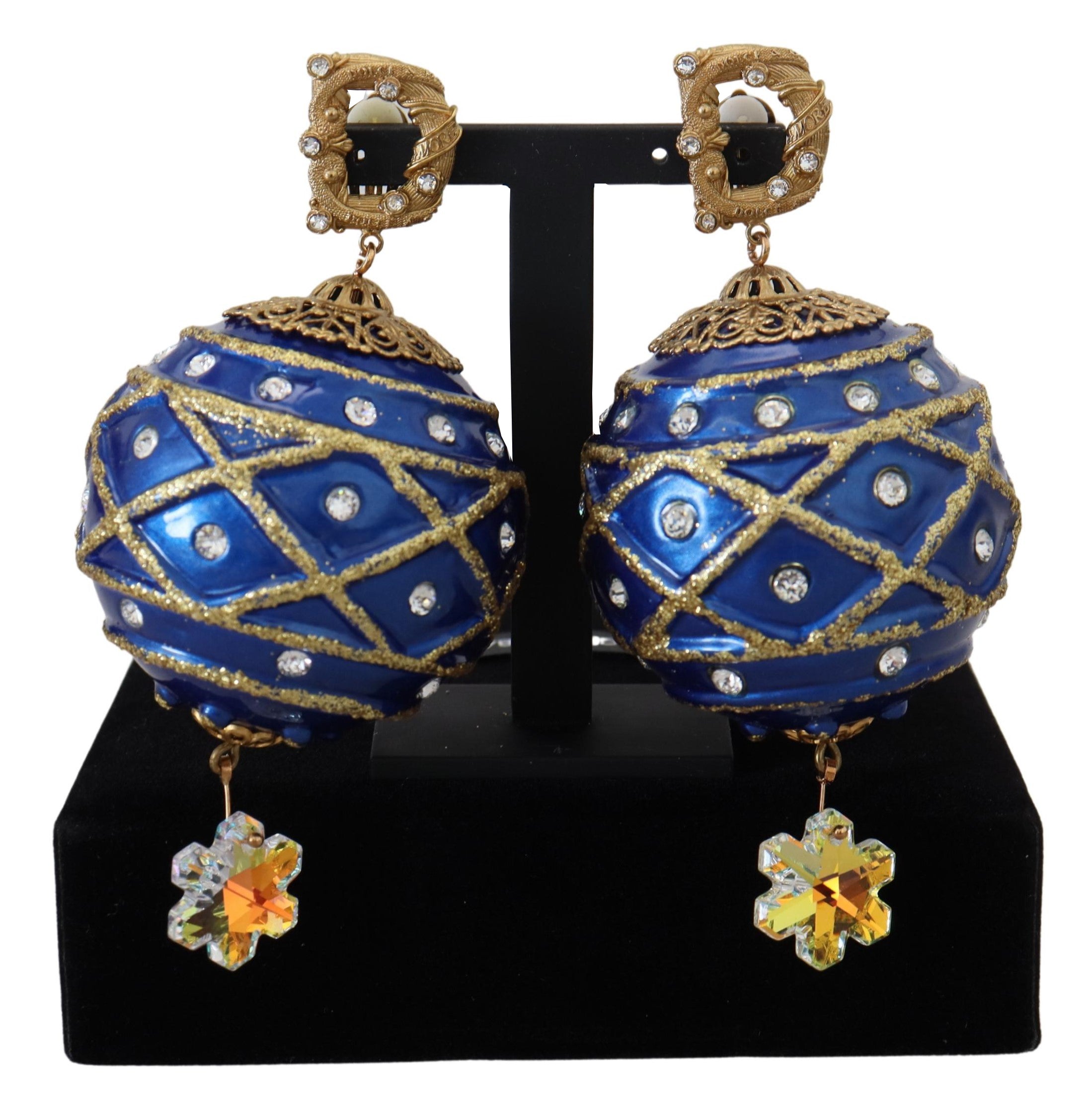 Gold Brass Blue Dangle Ball Crystal Clip On Earrings - ventzia