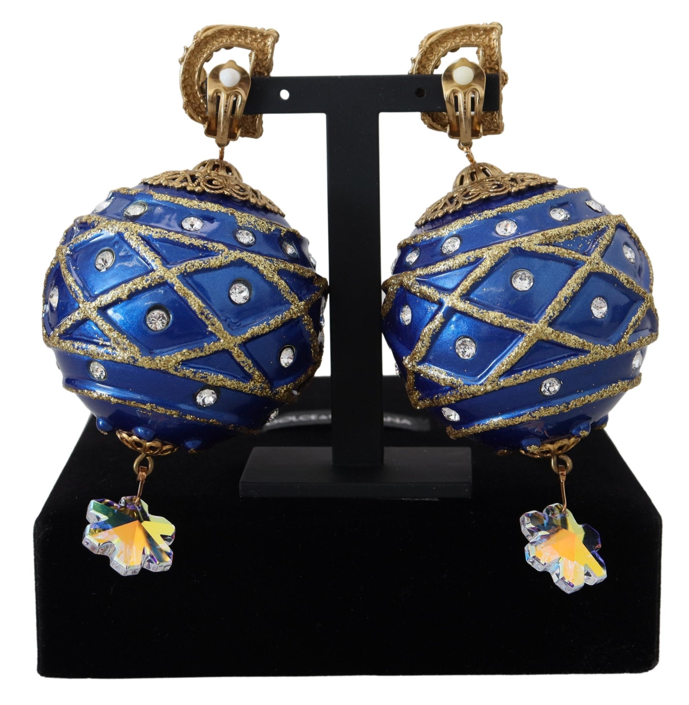 Gold Brass Blue Dangle Ball Crystal Clip On Earrings - ventzia