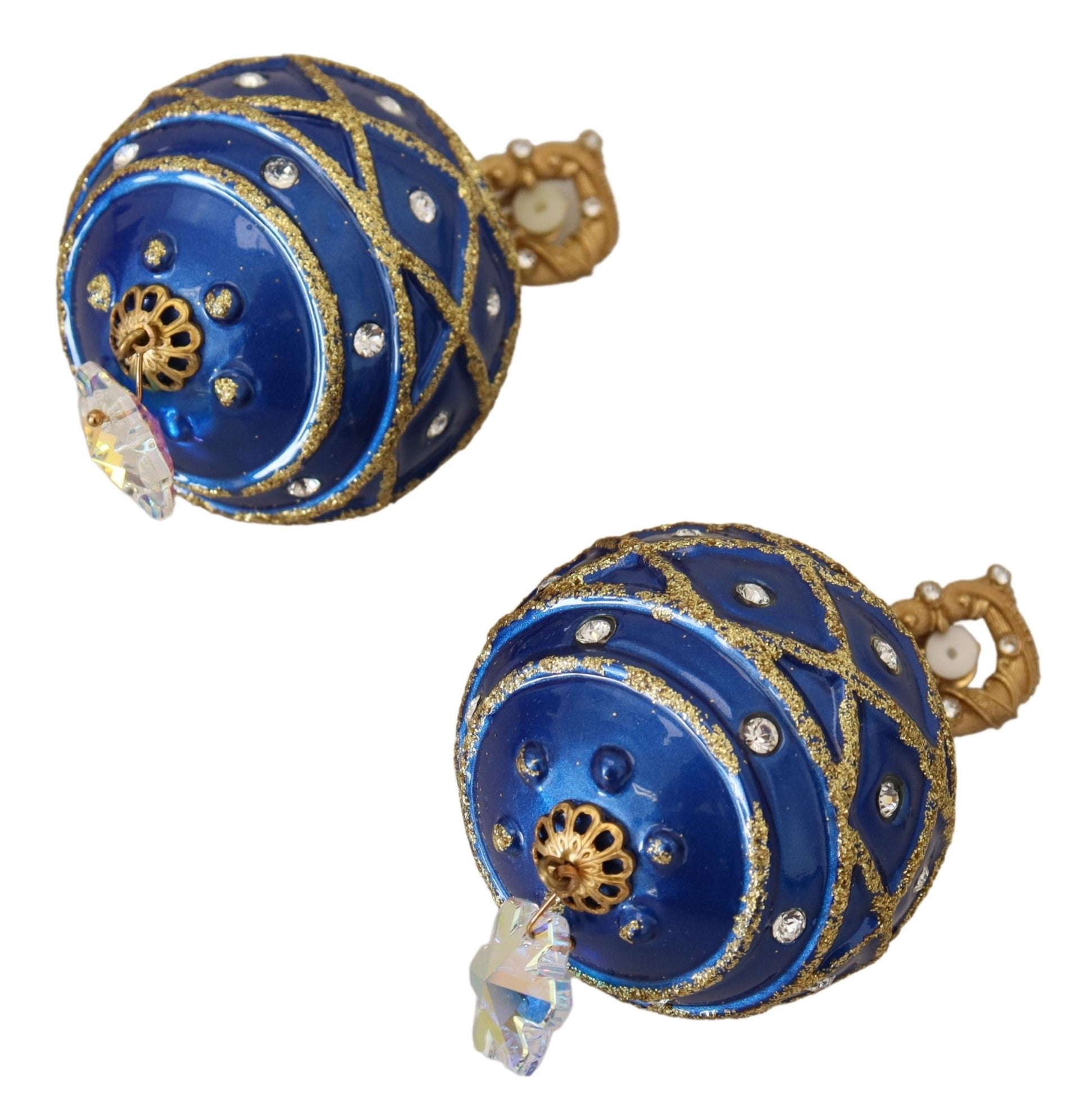 Gold Brass Blue Dangle Ball Crystal Clip On Earrings - ventzia