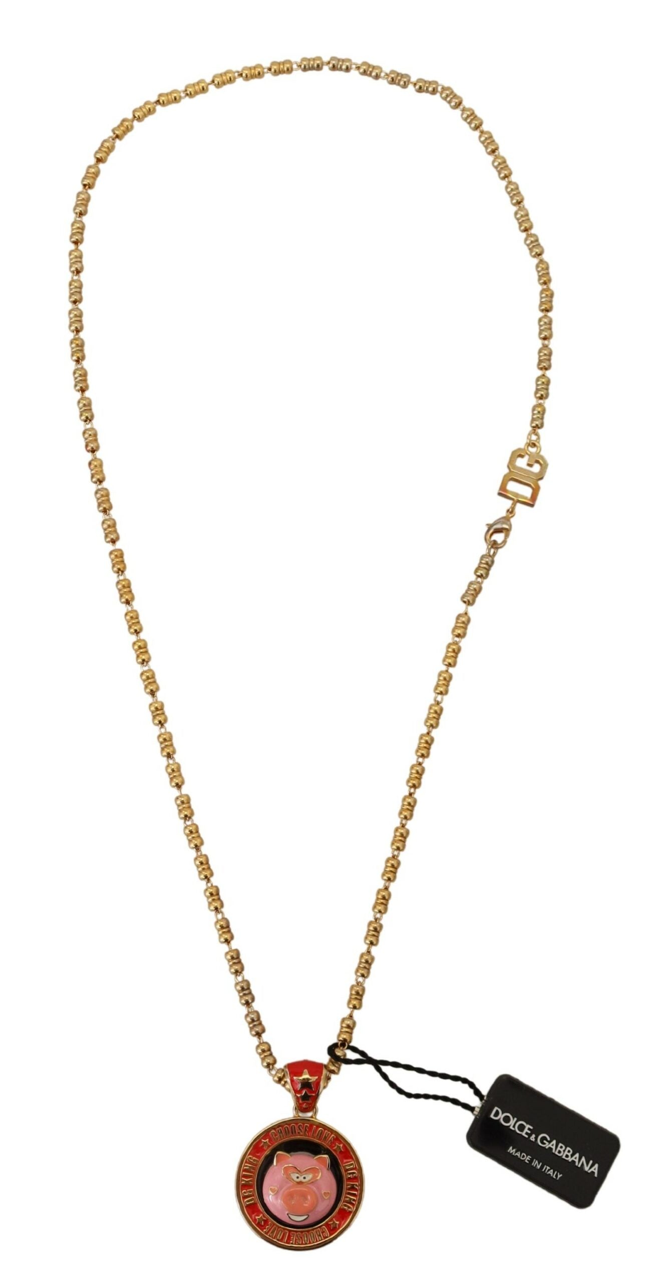 Gold Brass Chain SUPER PIG Pendant Logo Necklace - ventzia