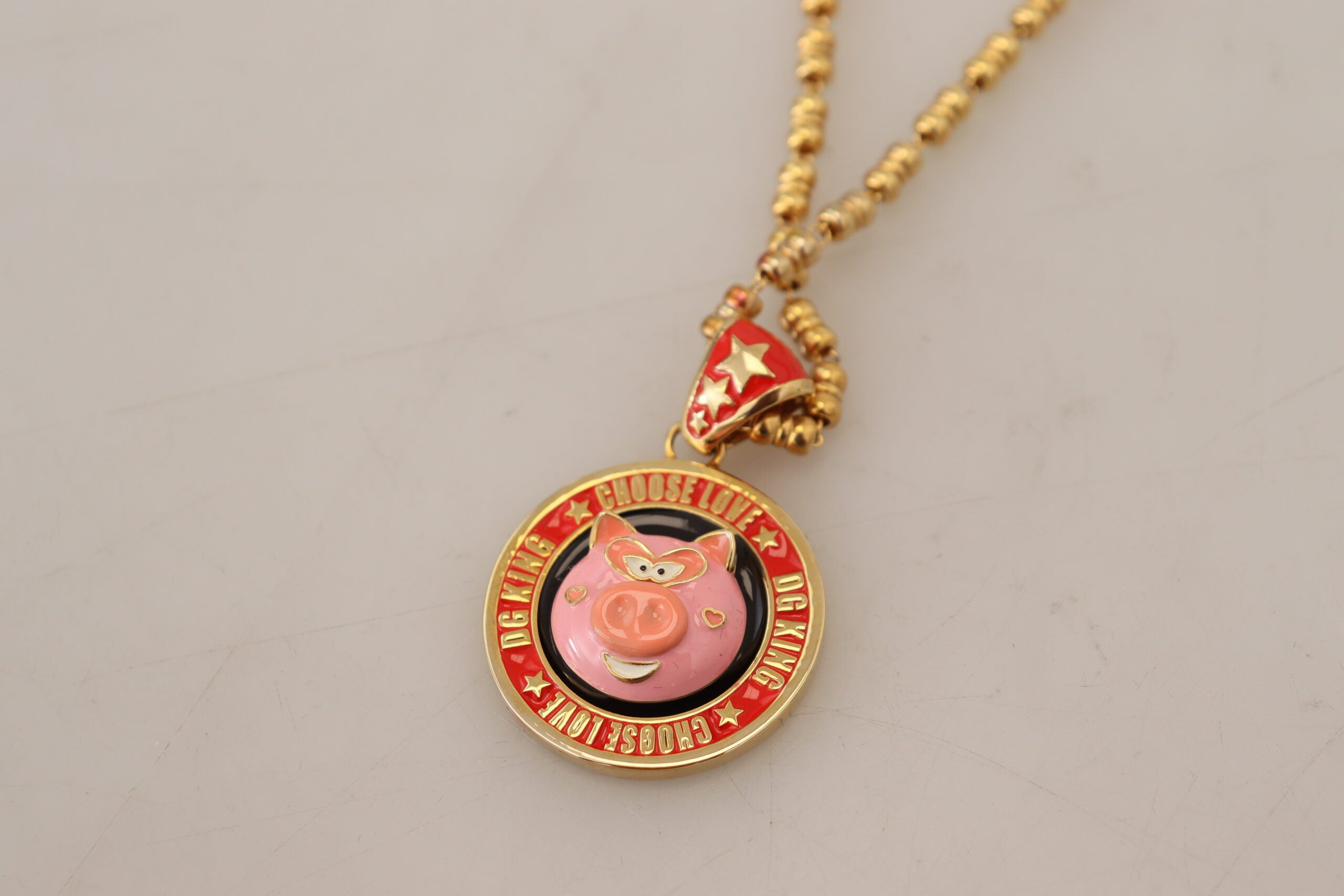 Gold Brass Chain SUPER PIG Pendant Logo Necklace - ventzia