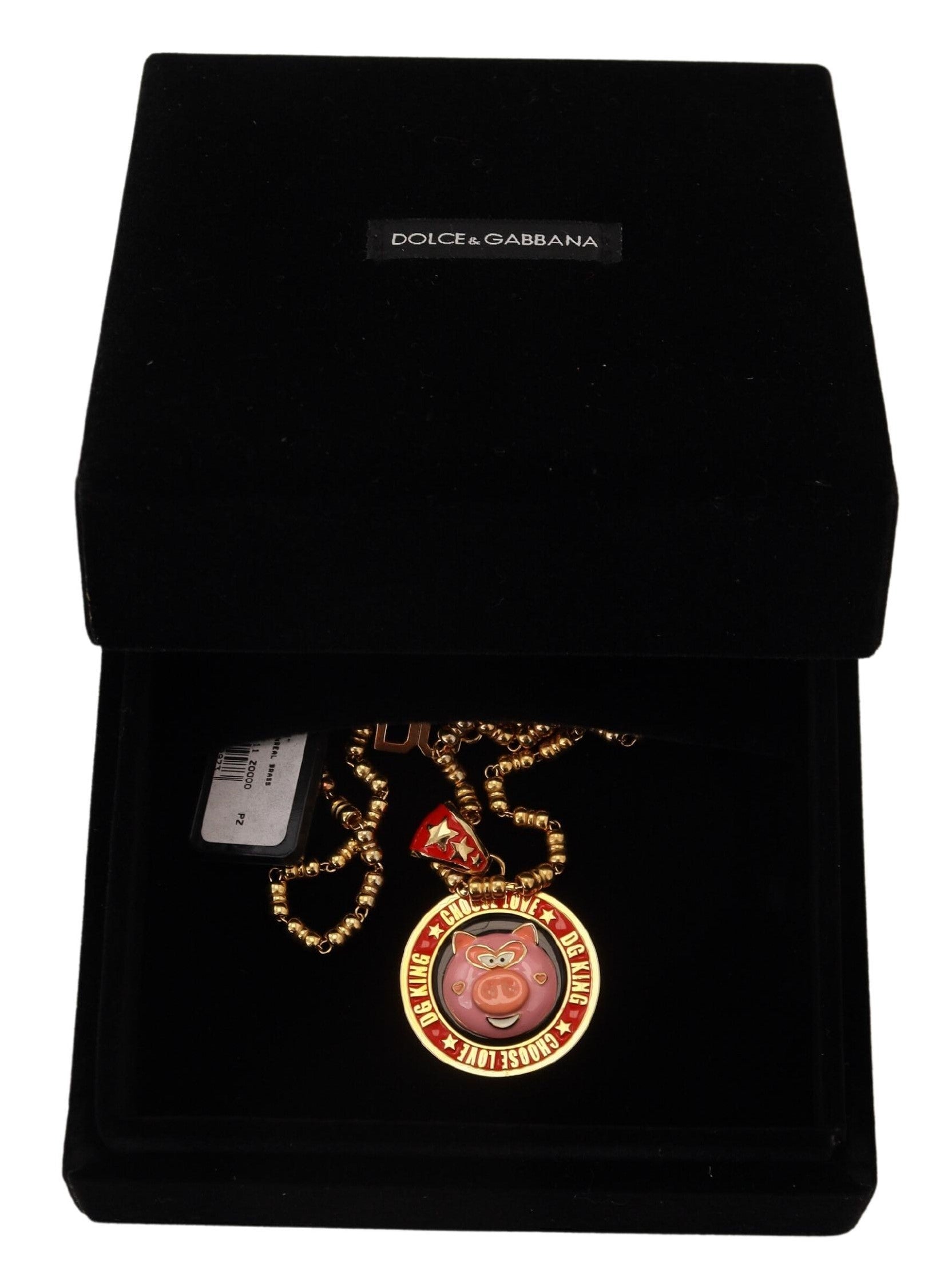 Gold Brass Chain SUPER PIG Pendant Logo Necklace - ventzia