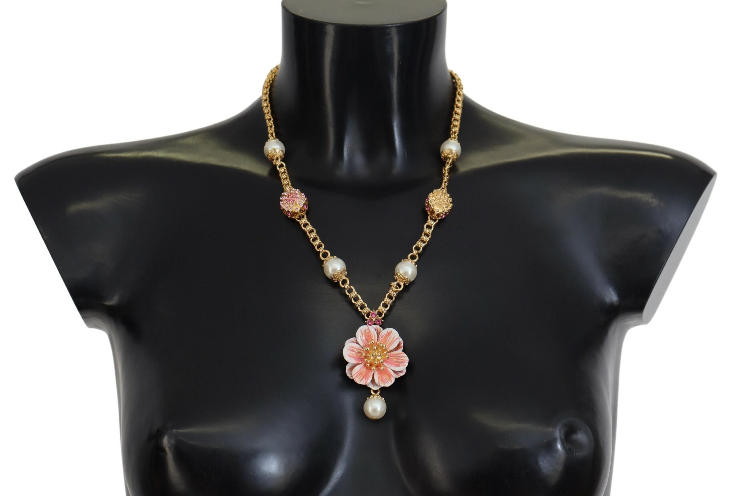 Gold Tone Floral Crystals Pink Embellished Necklace - ventzia