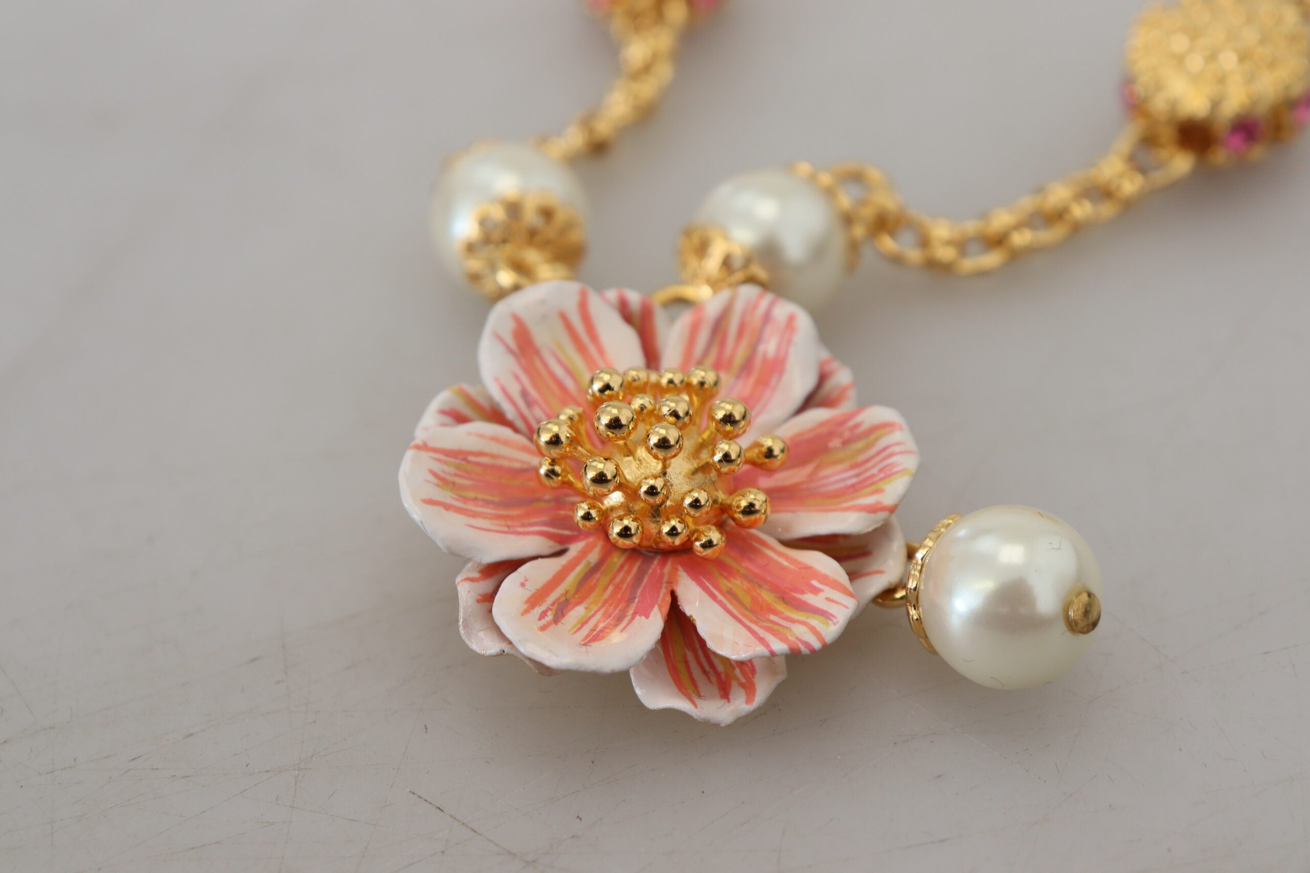 Gold Tone Floral Crystals Pink Embellished Necklace - ventzia