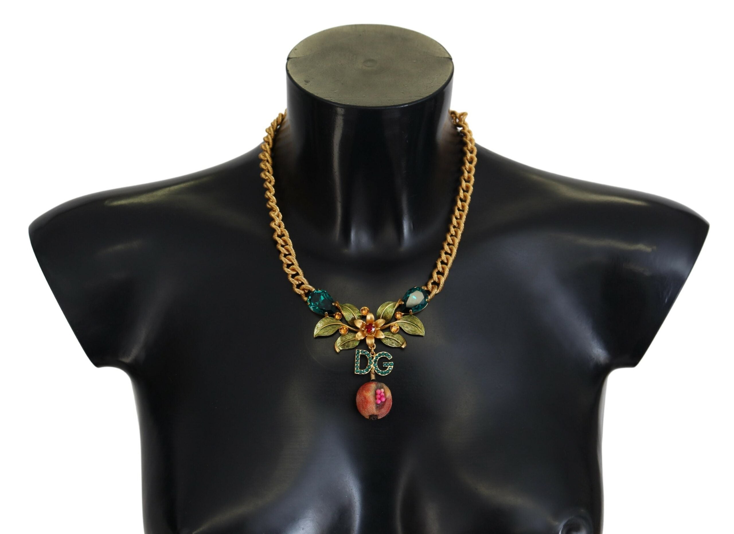 Gold Brass Crystal Logo Fruit Floral Statement Necklace - ventzia
