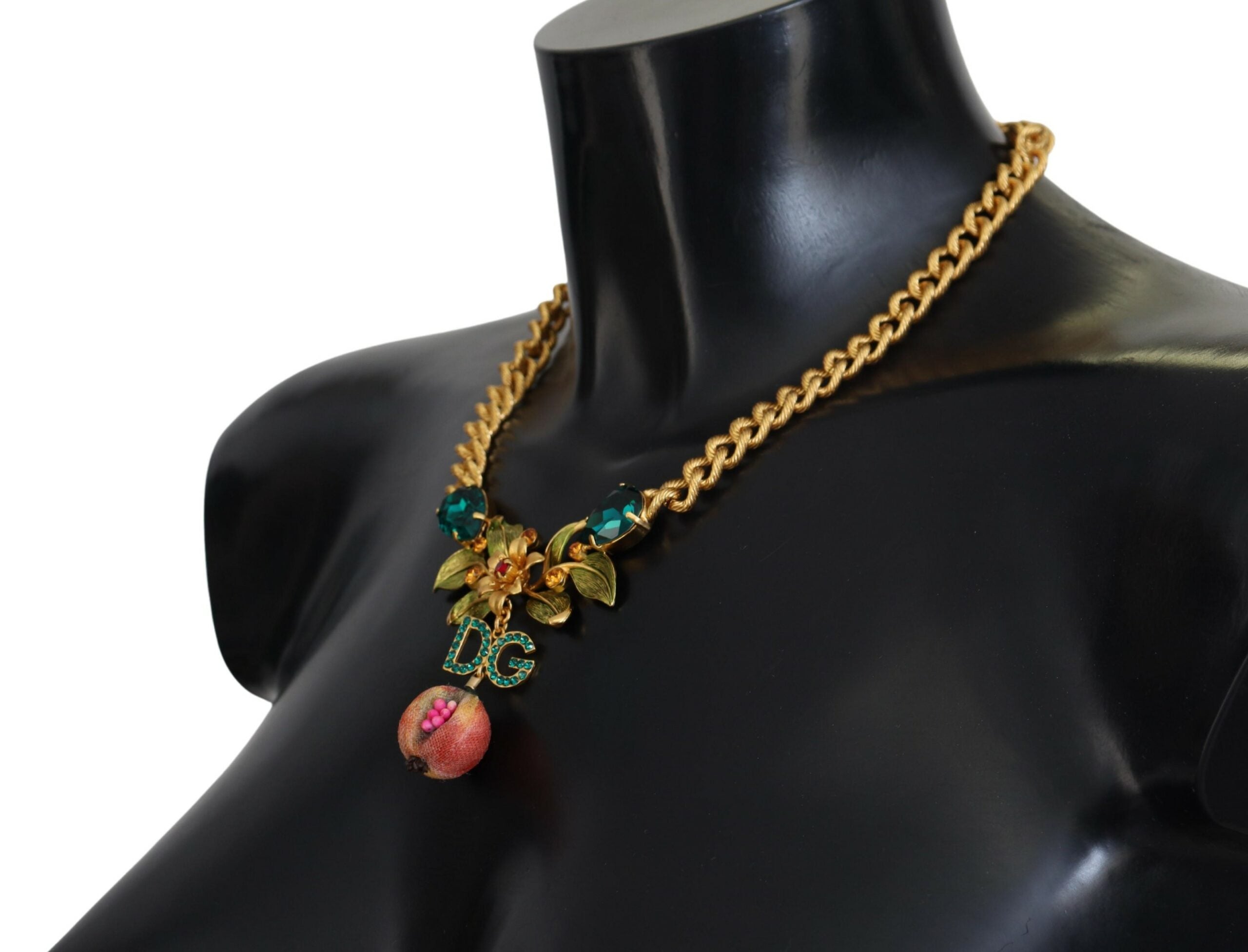 Gold Brass Crystal Logo Fruit Floral Statement Necklace - ventzia