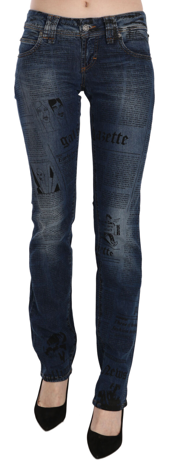 Blue Newspaper Print Low Waist Skinny Denim Pants - ventzia
