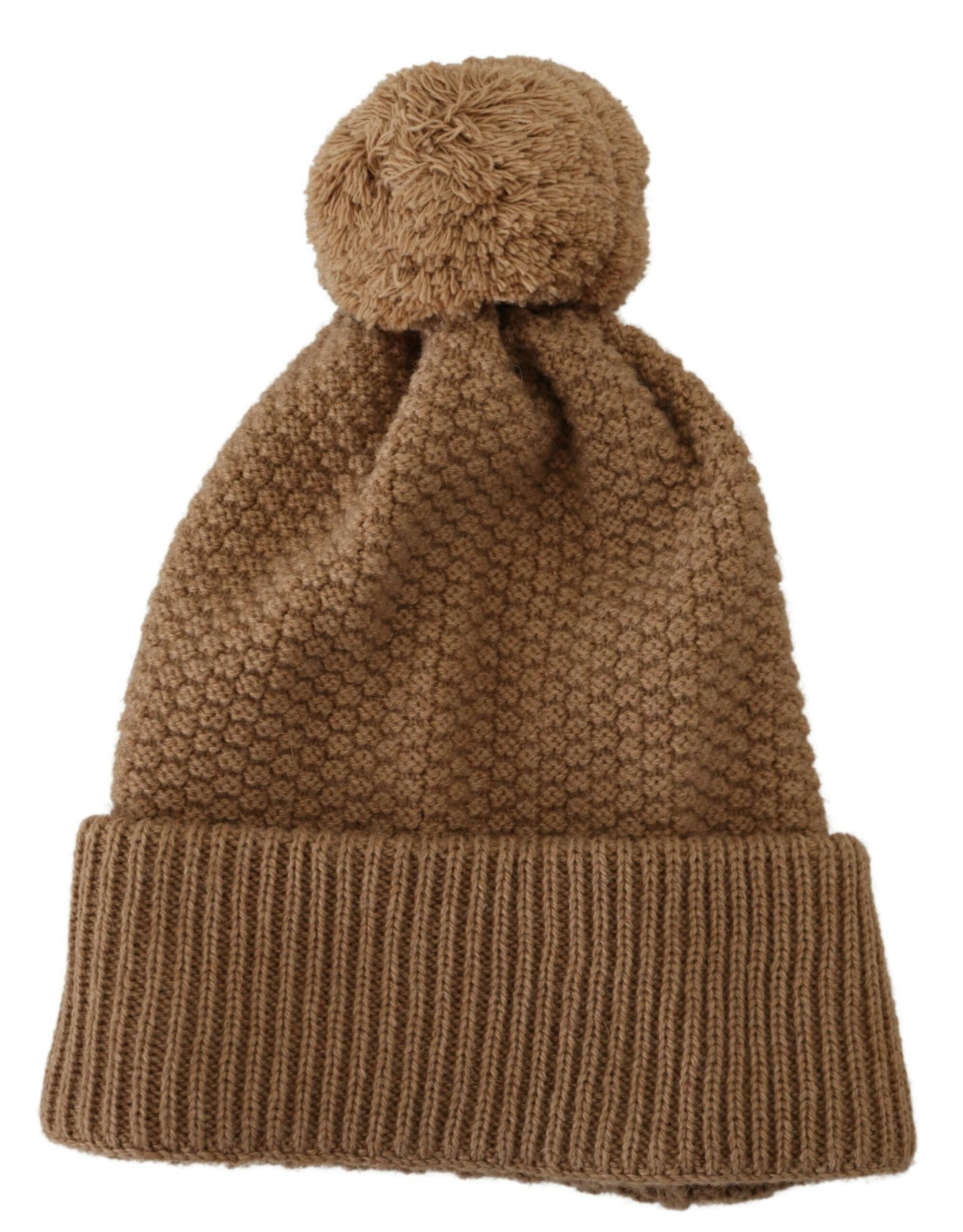 Brown Solid Knitted Fur Ball Winter Beanie Hat - ventzia