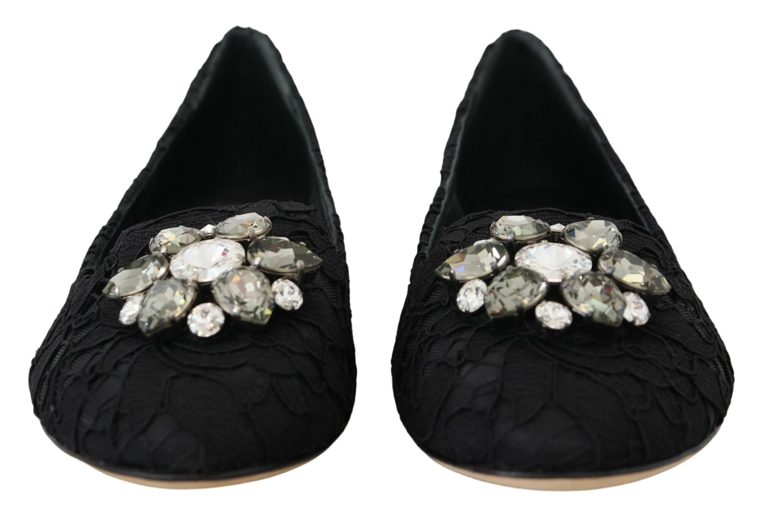 Black Taormina Lace Crystals Flats Shoes - ventzia