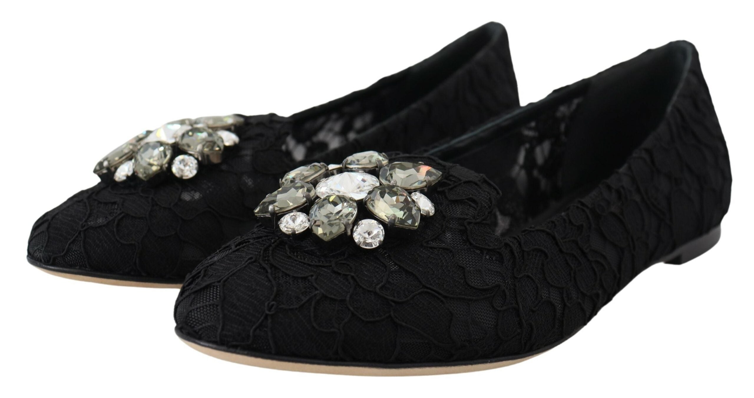 Black Taormina Lace Crystals Flats Shoes - ventzia