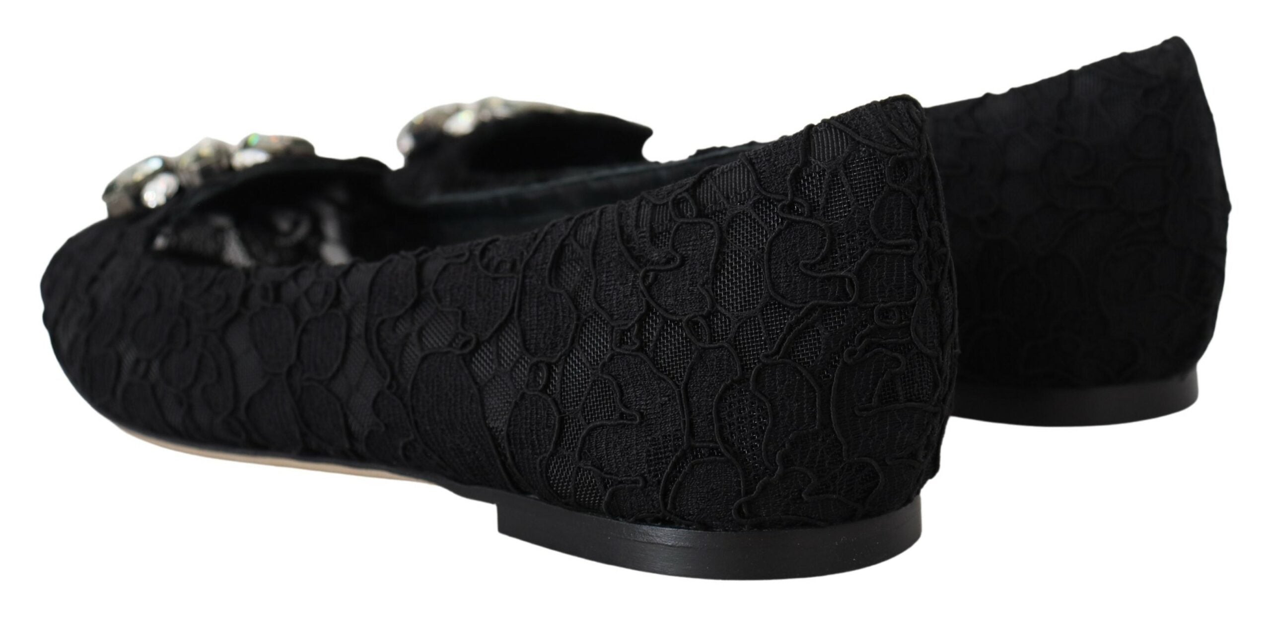Black Taormina Lace Crystals Flats Shoes - ventzia
