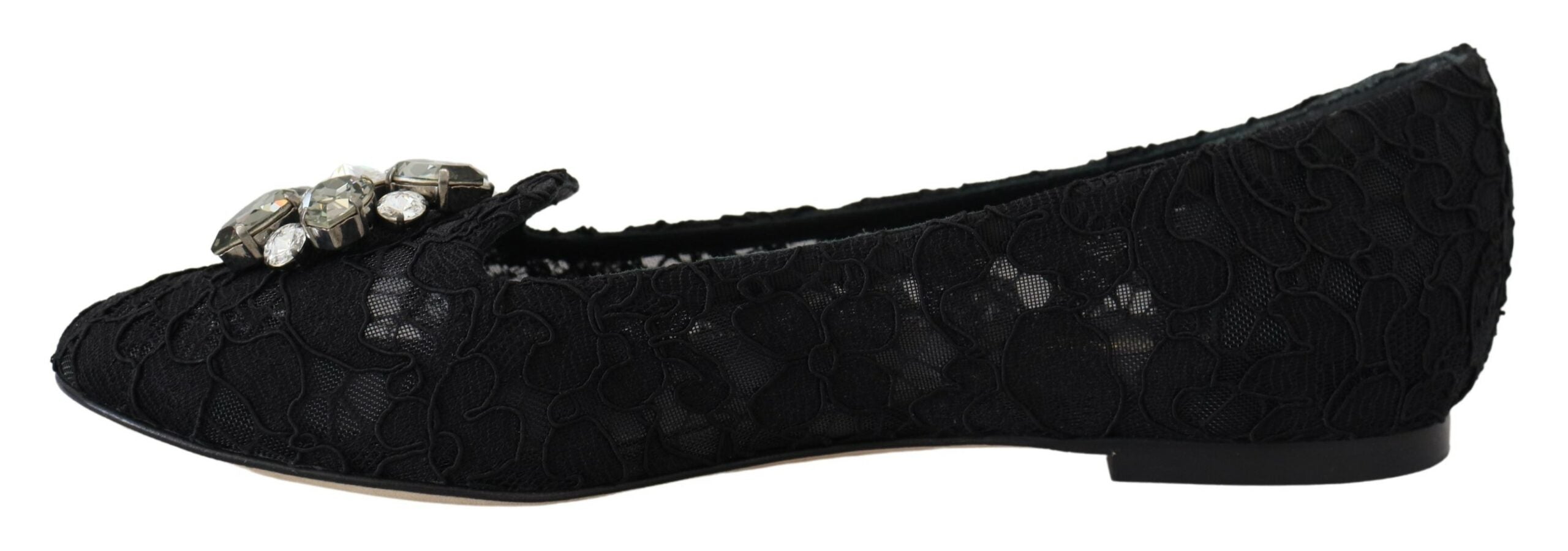 Black Taormina Lace Crystals Flats Shoes - ventzia