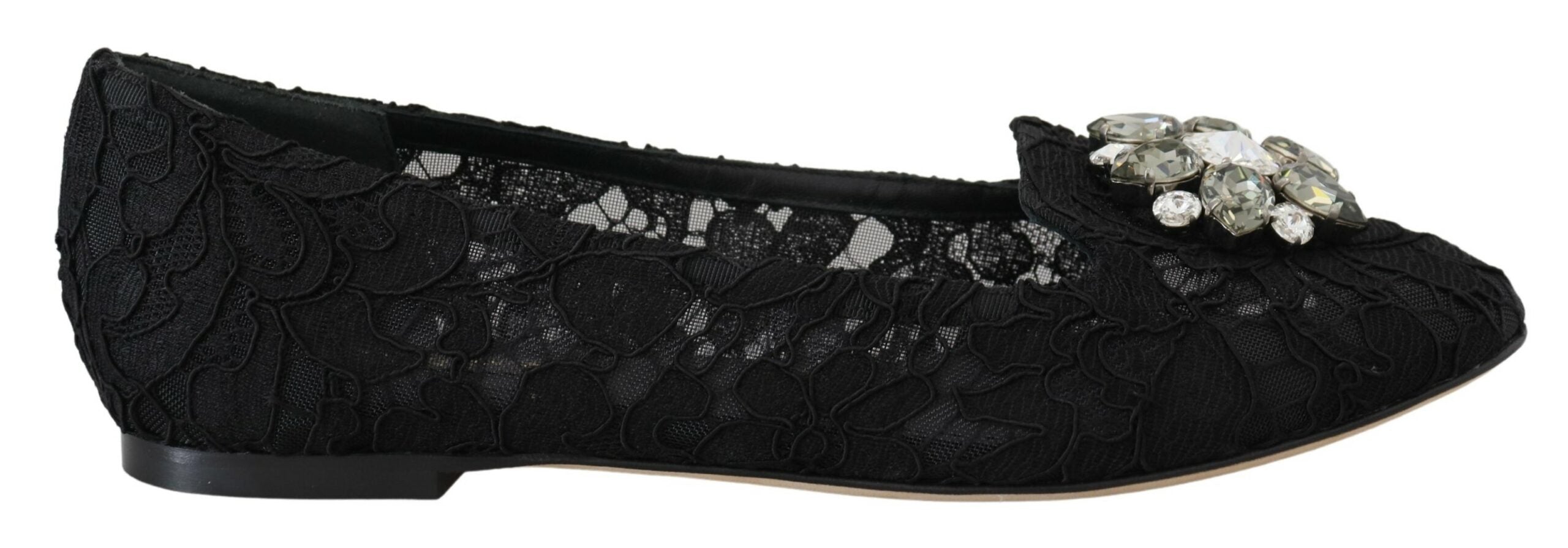 Black Taormina Lace Crystals Flats Shoes - ventzia