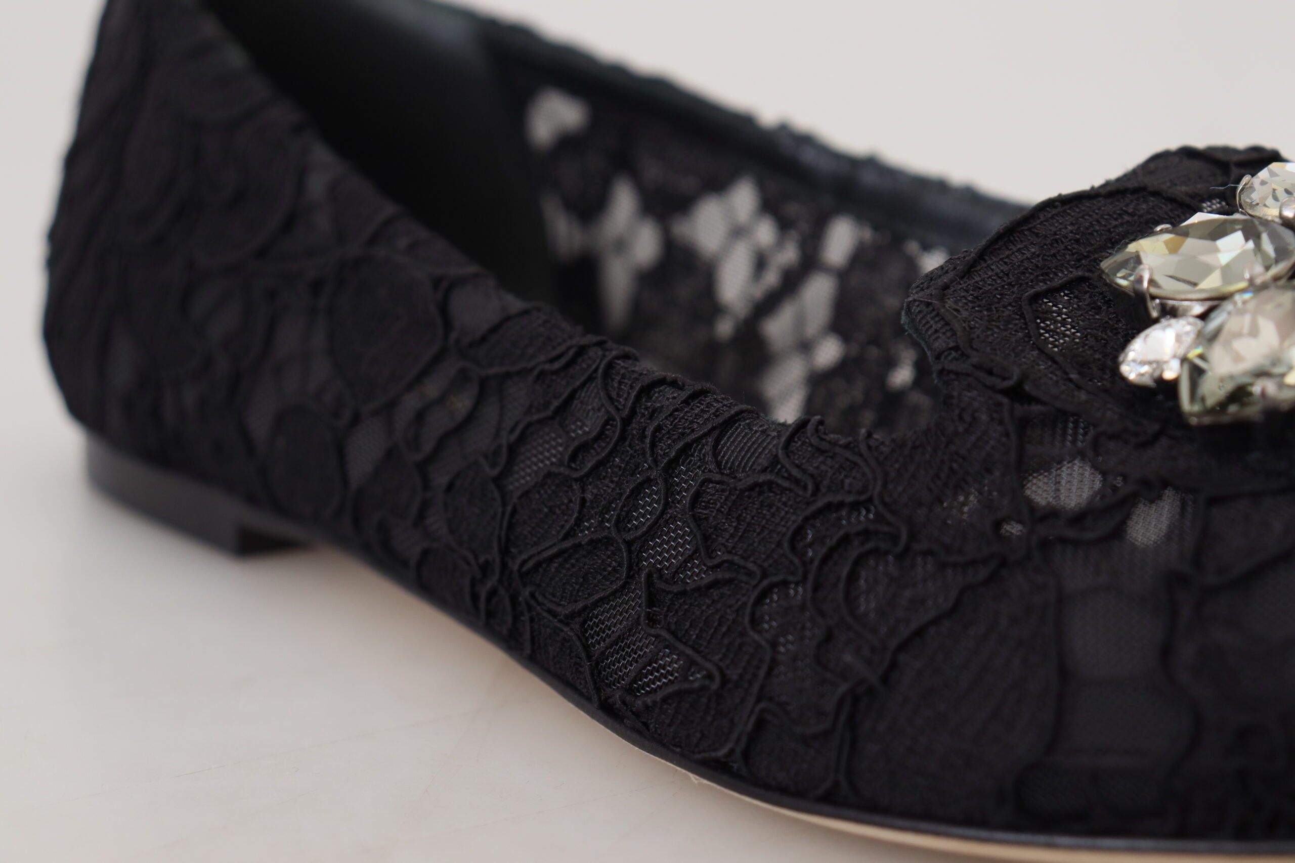 Black Taormina Lace Crystals Flats Shoes - ventzia