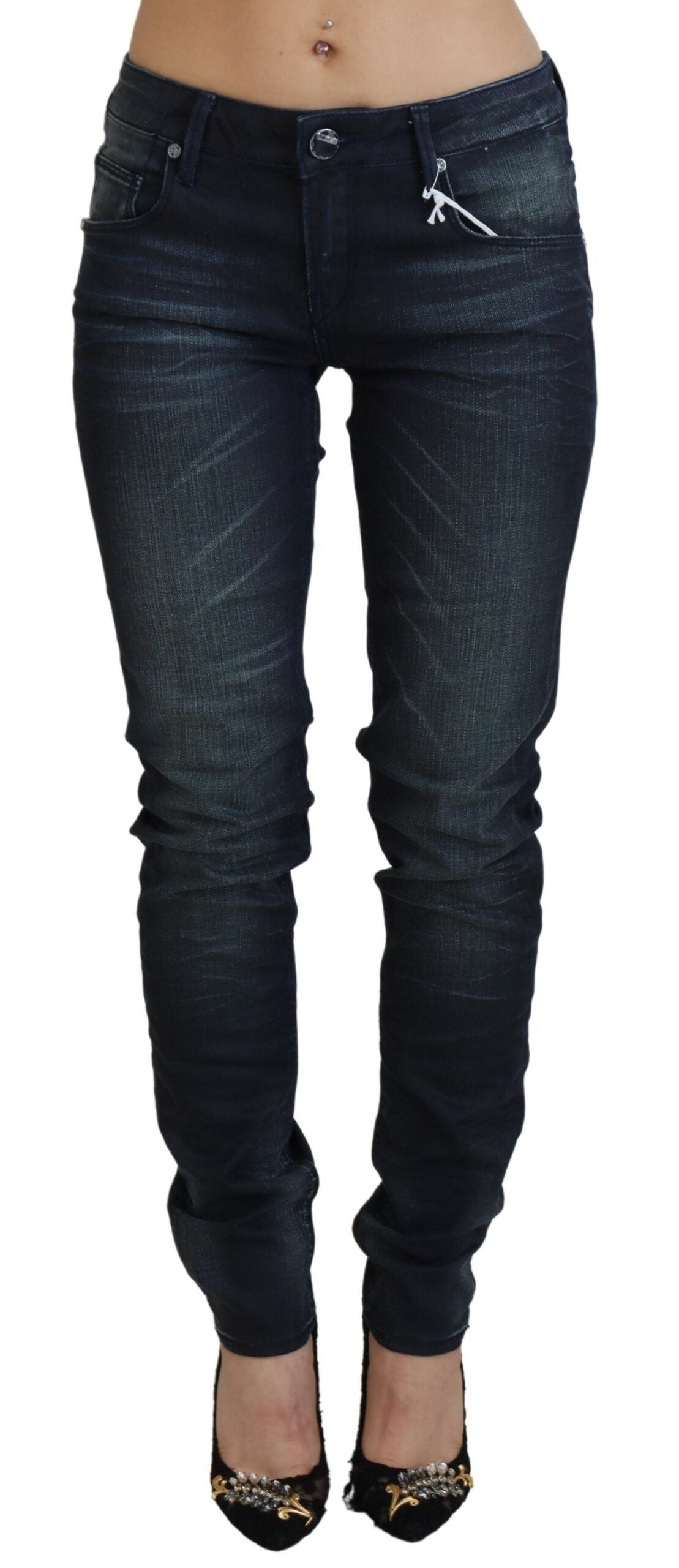 Blue Washed Low Waist Slim Fit Cotton Denim Jeans - ventzia