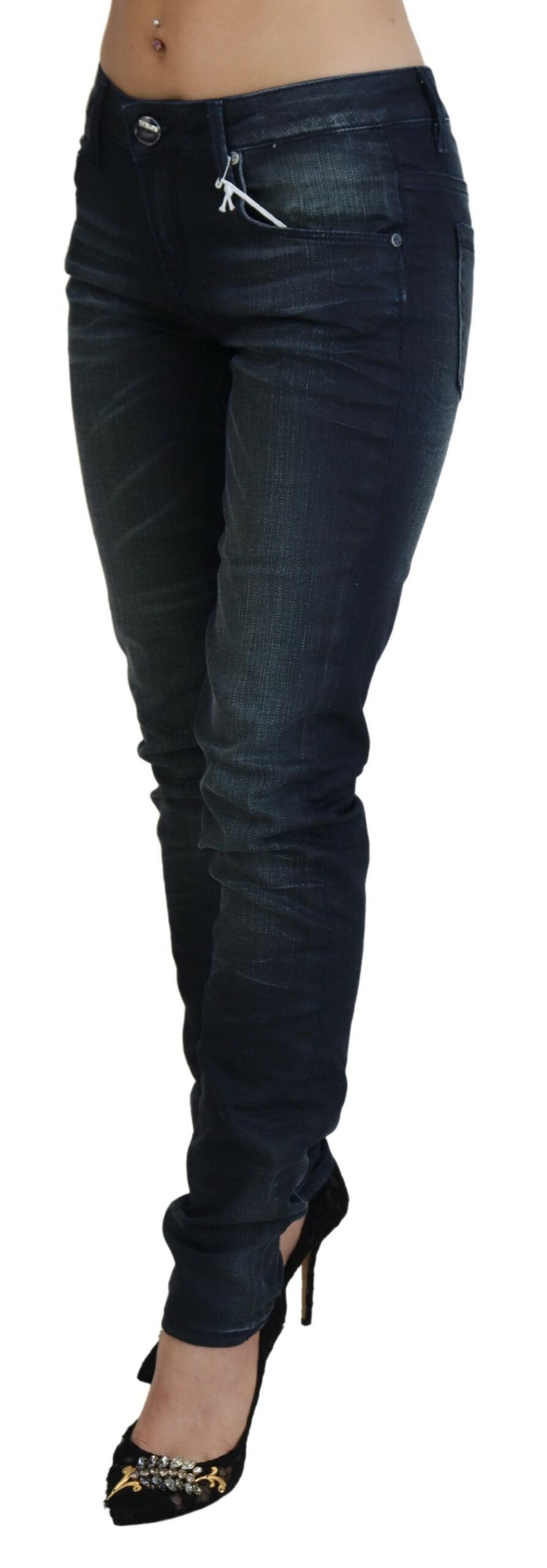 Blue Washed Low Waist Slim Fit Cotton Denim Jeans - ventzia