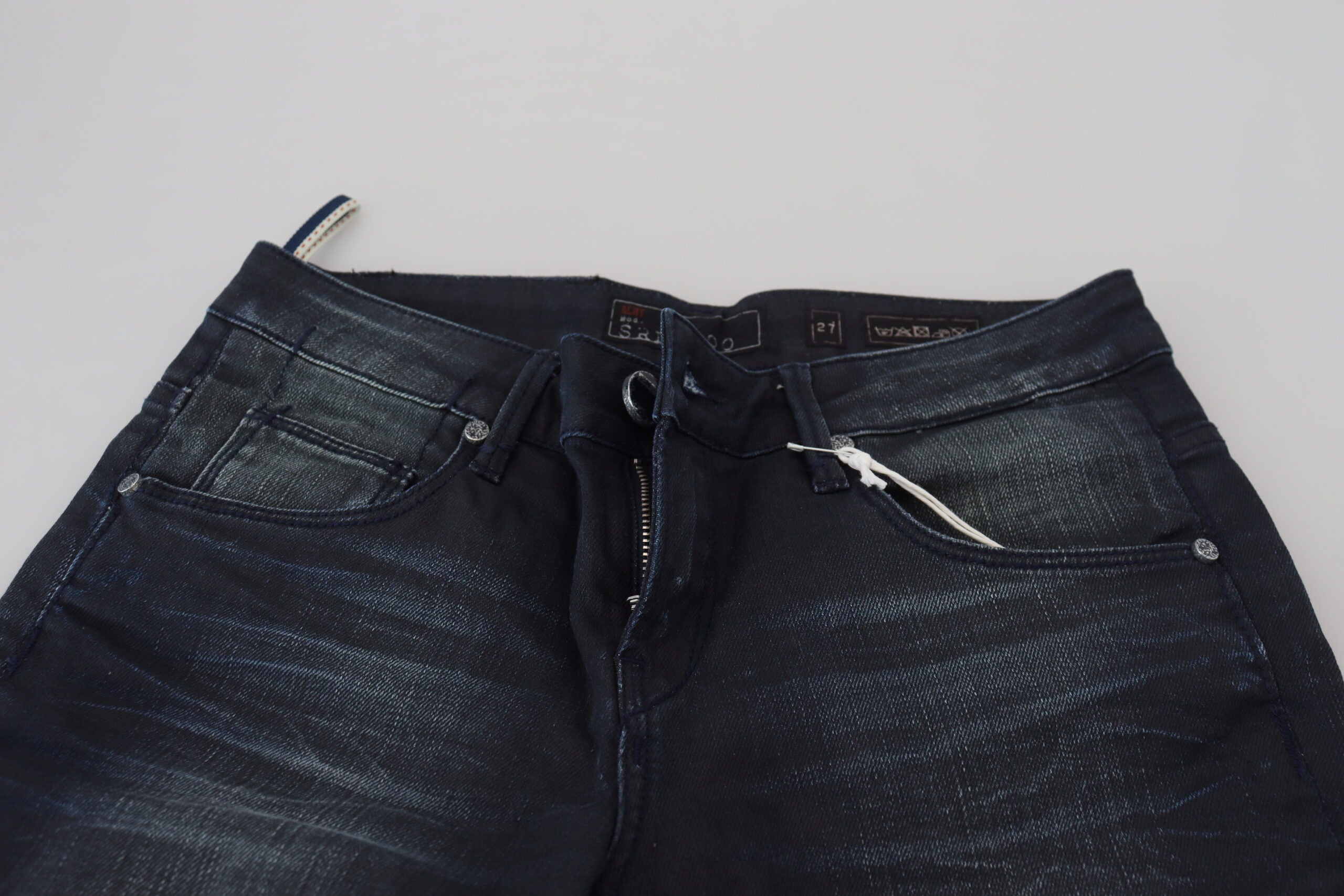 Blue Washed Low Waist Slim Fit Cotton Denim Jeans - ventzia