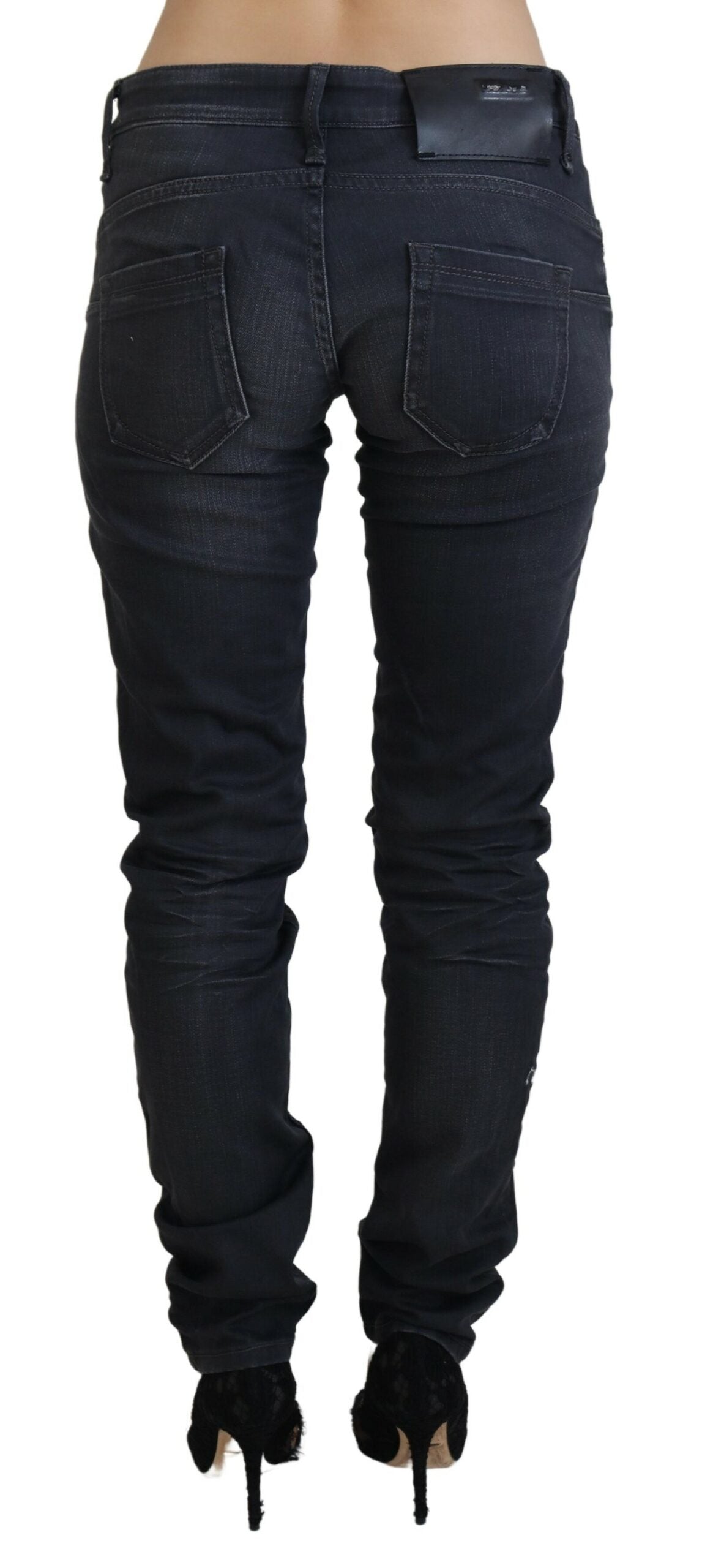 Black Washed Low Waist Slim Fit Cotton Denim Jeans - ventzia