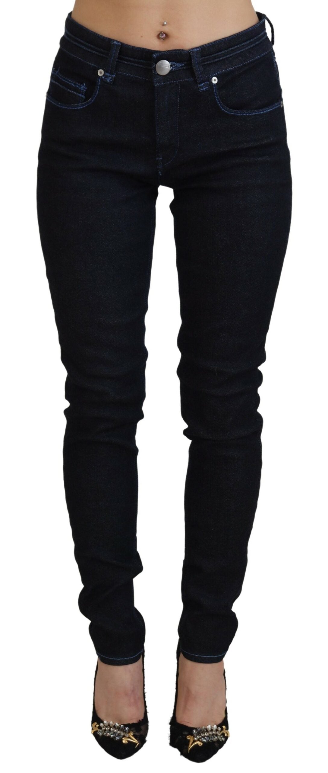 Dark Blue Low Waist Slim Fit Women Denim Jeans - ventzia