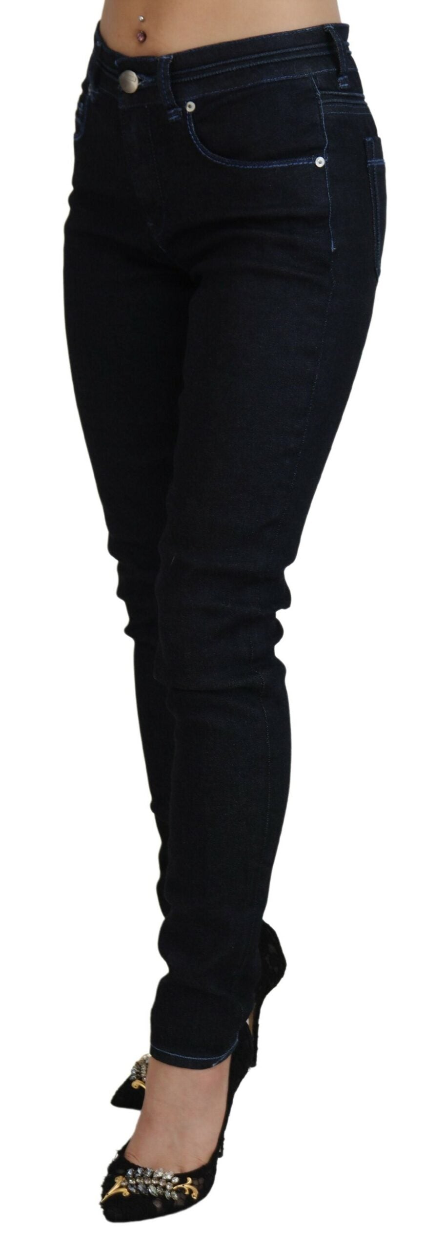 Dark Blue Low Waist Slim Fit Women Denim Jeans - ventzia