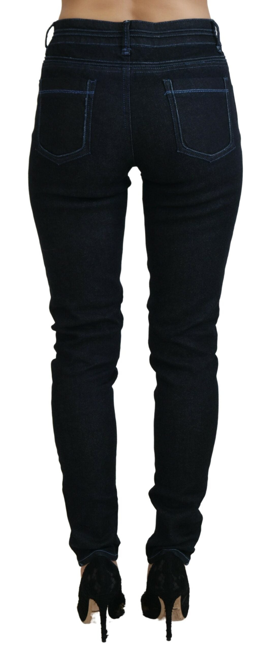 Dark Blue Low Waist Slim Fit Women Denim Jeans - ventzia