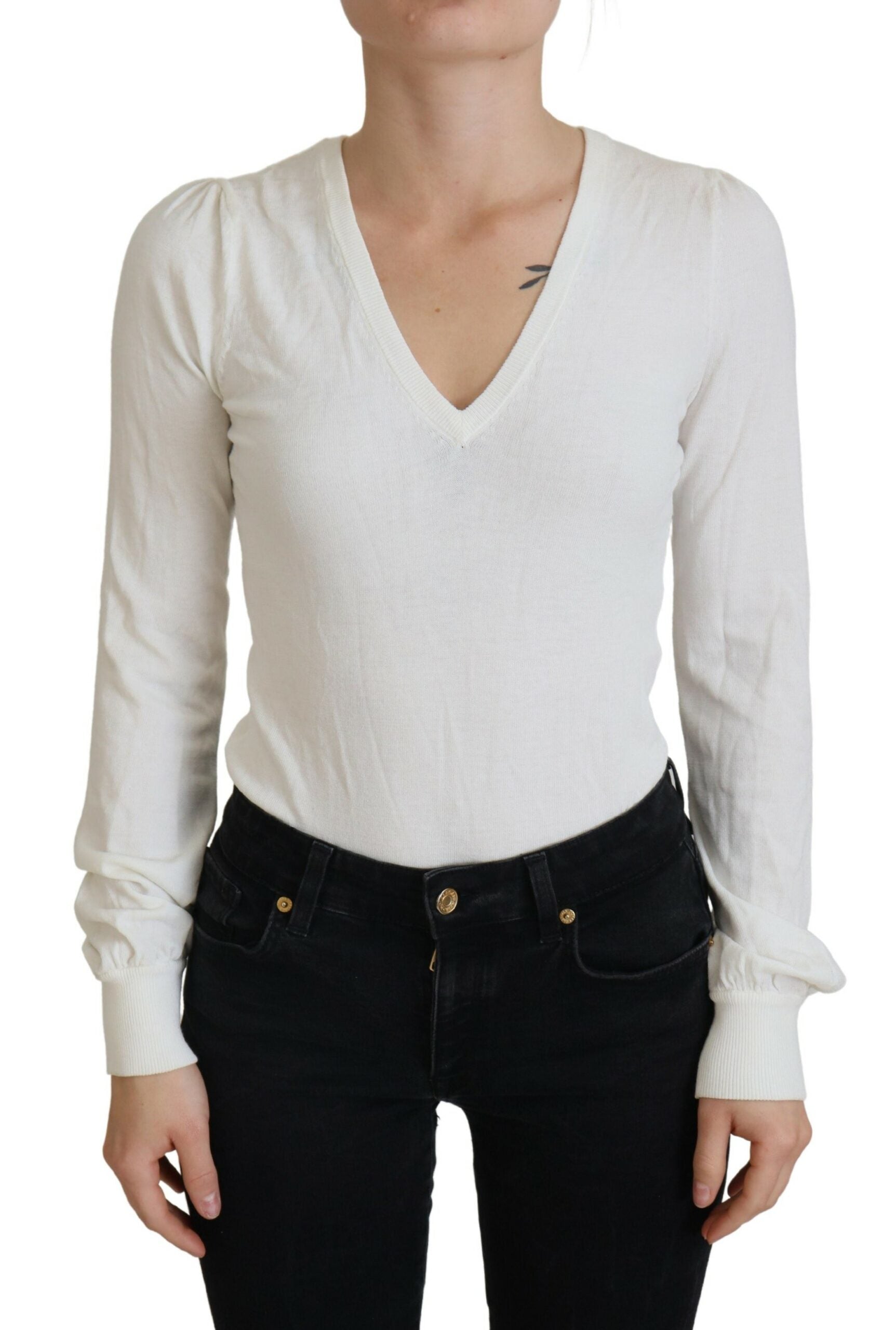 Ivory V-Neck Long Sleeves Women Blouse Top - ventzia