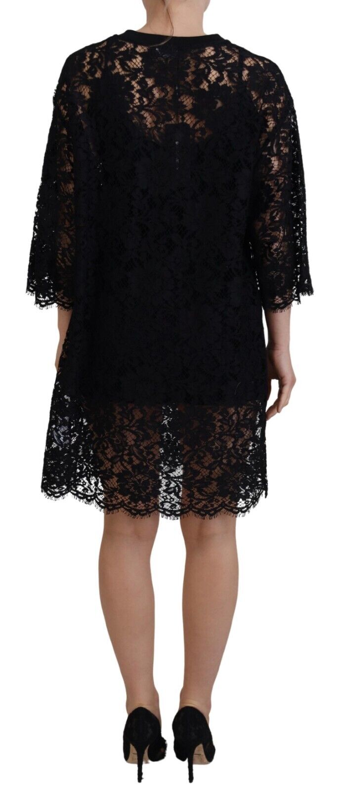 Black Floral Lace Cotton Shift Mini Dress - ventzia