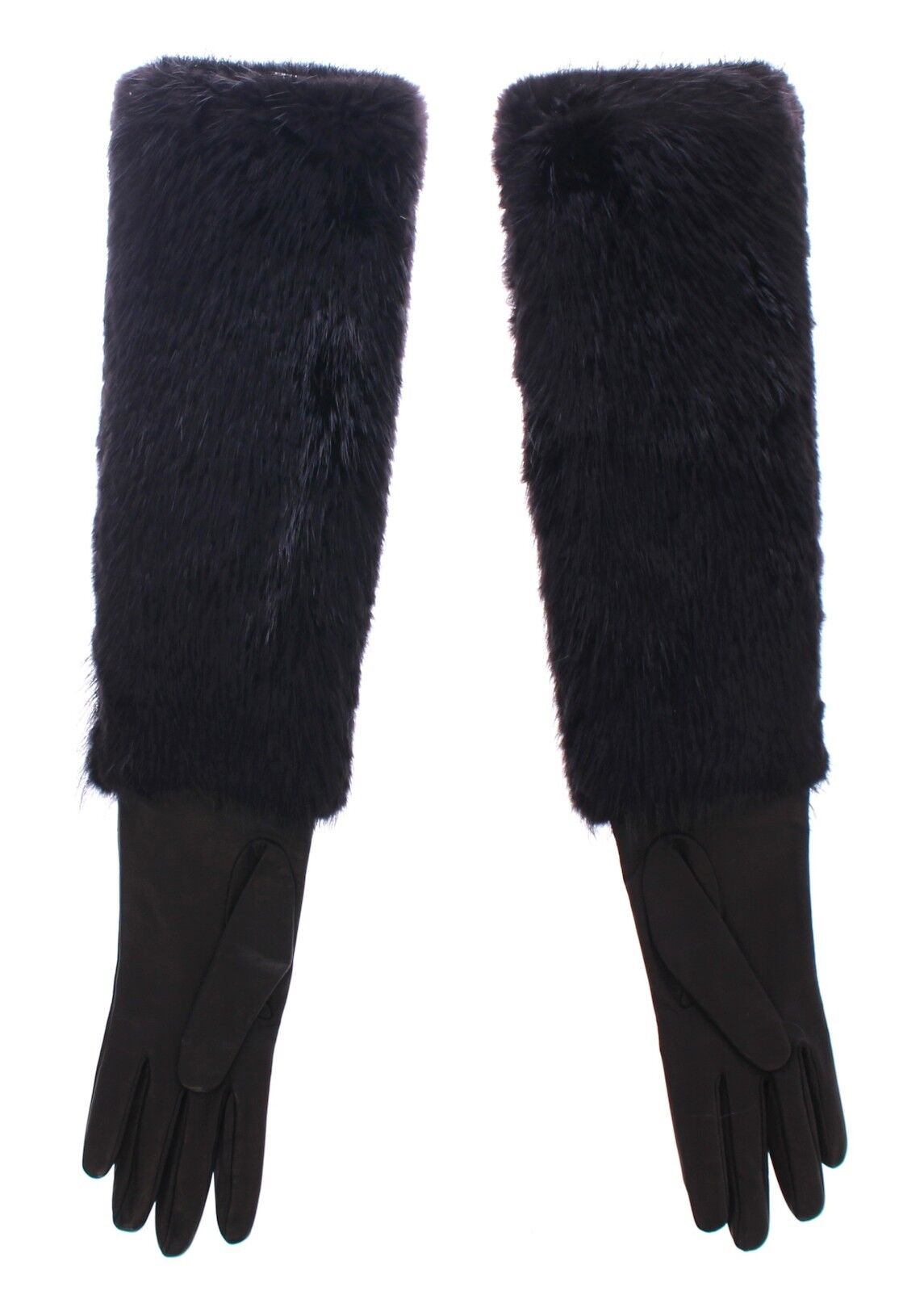 Black Beaver Fur Lambskin Leather Elbow Gloves - ventzia