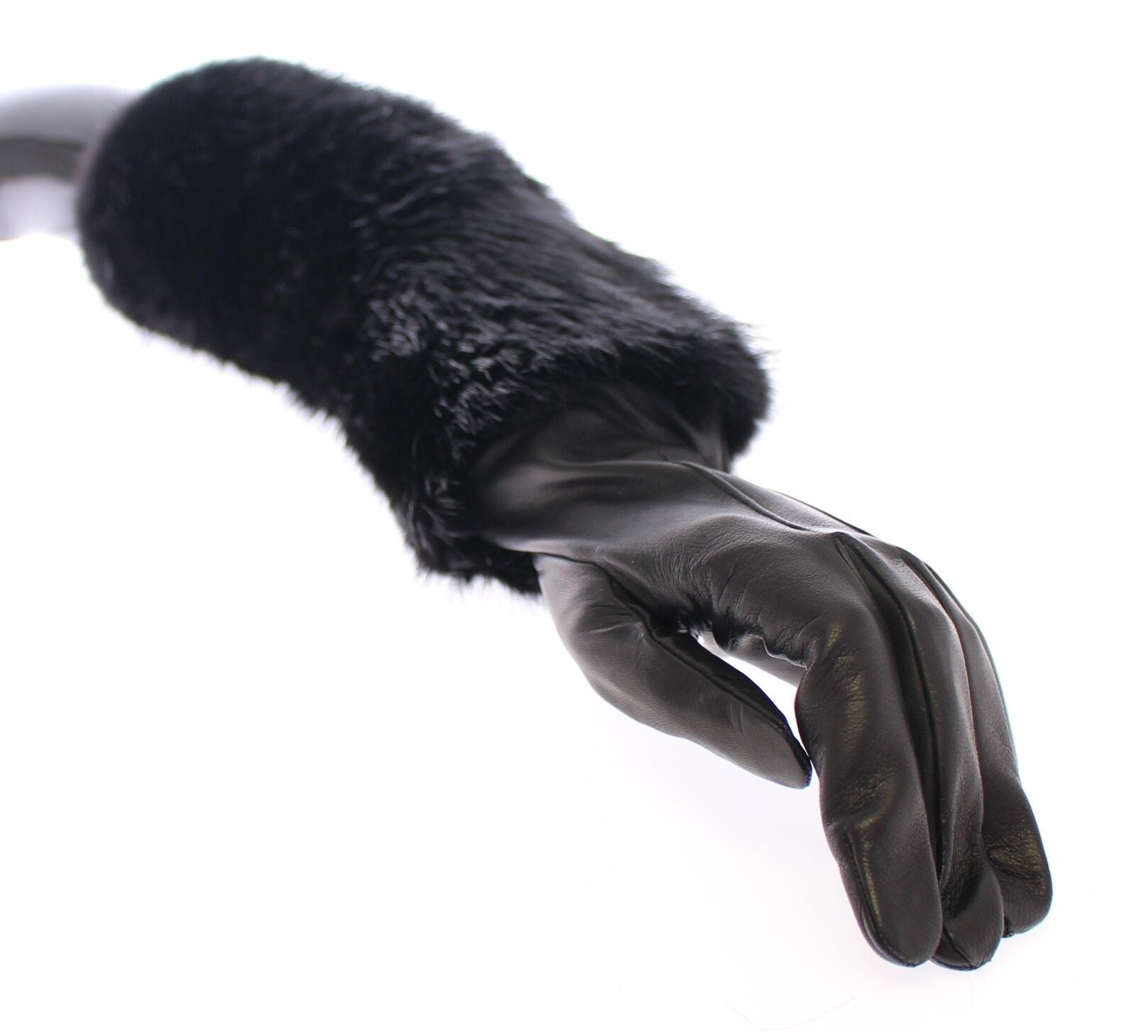 Black Beaver Fur Lambskin Leather Elbow Gloves - ventzia