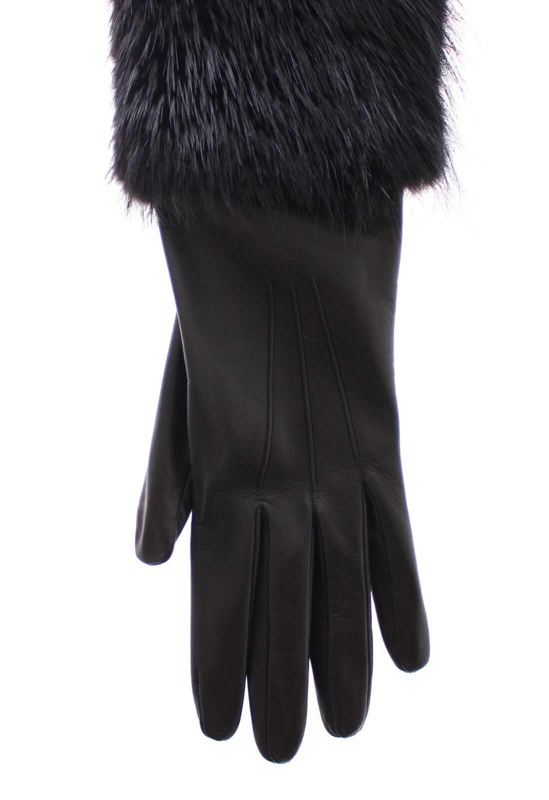 Black Beaver Fur Lambskin Leather Elbow Gloves - ventzia