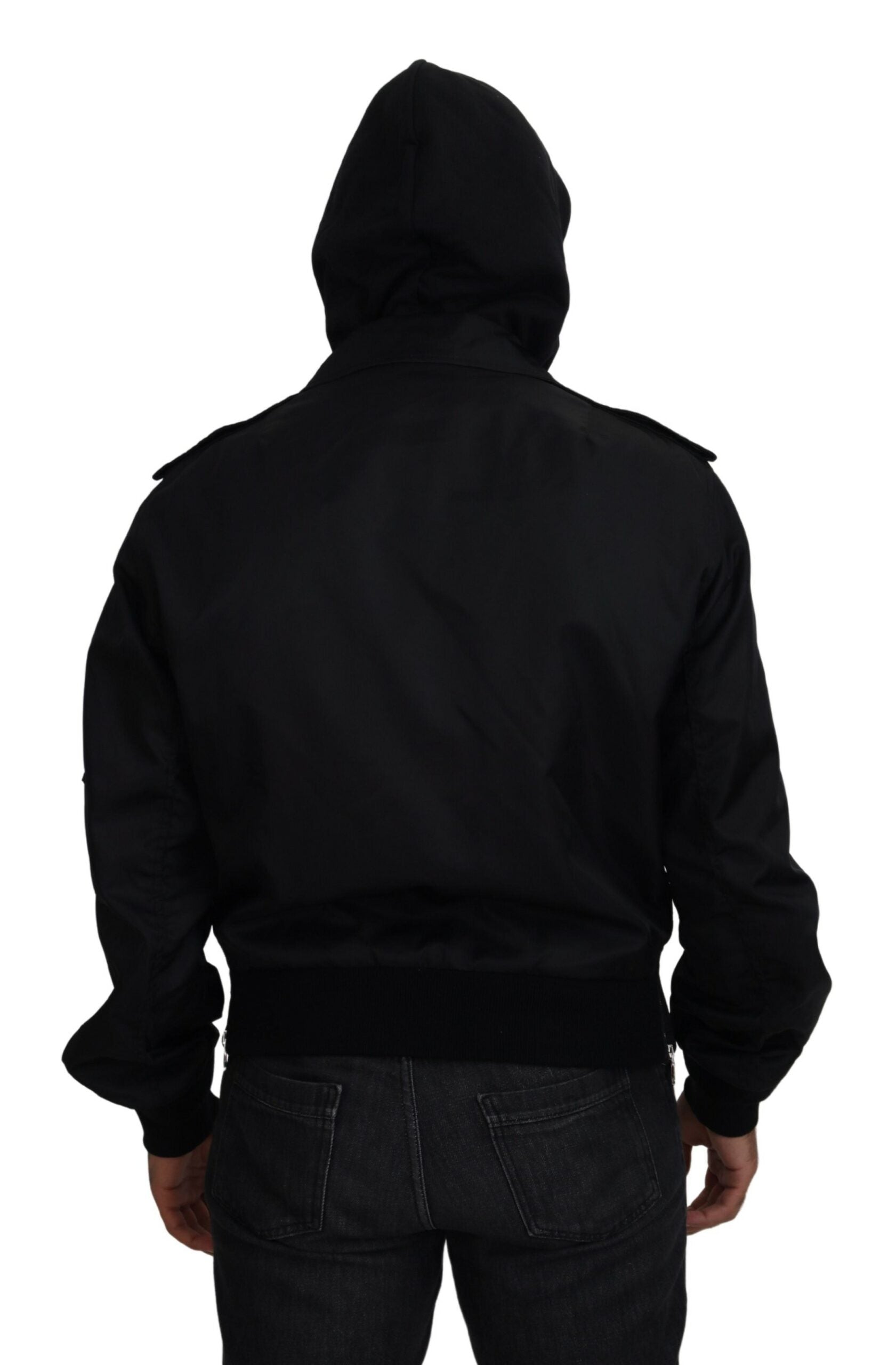 Black Nylon Hooded Full Zip Men Coat Jacket - ventzia
